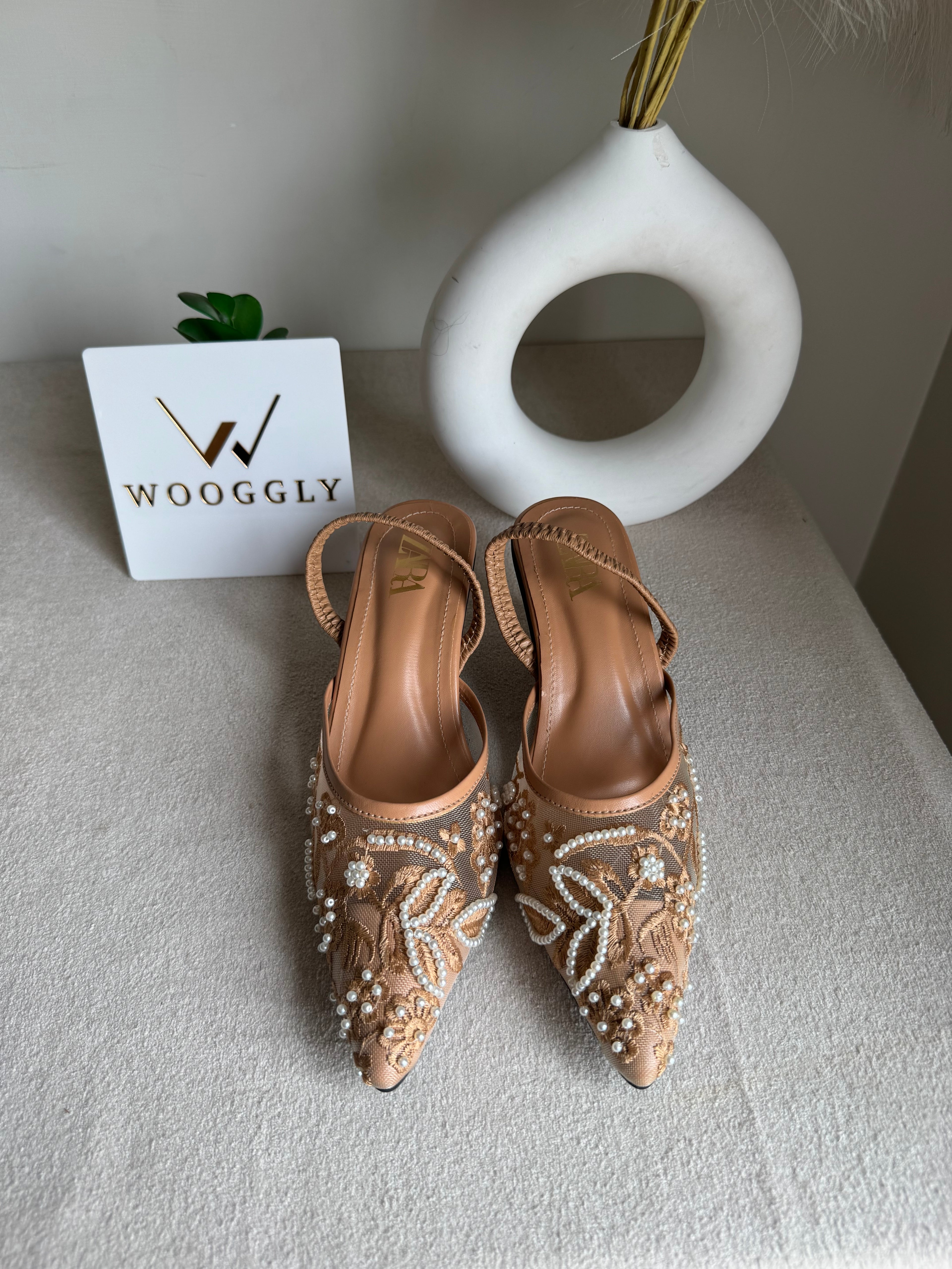 Zara Embroidered Net Heels - Beige