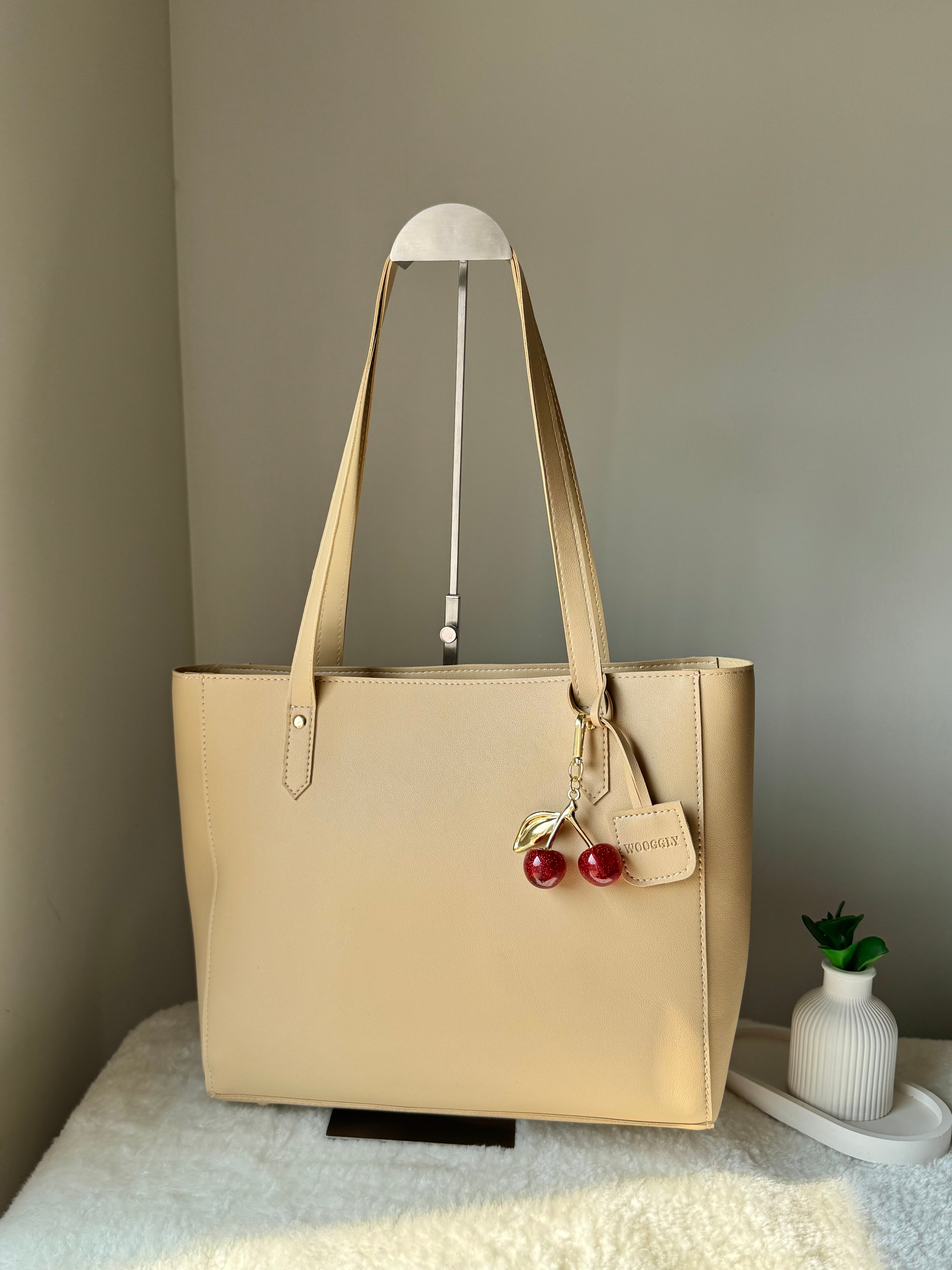 Wooggly Signature Tote Bag with Cherry Charm - Beige