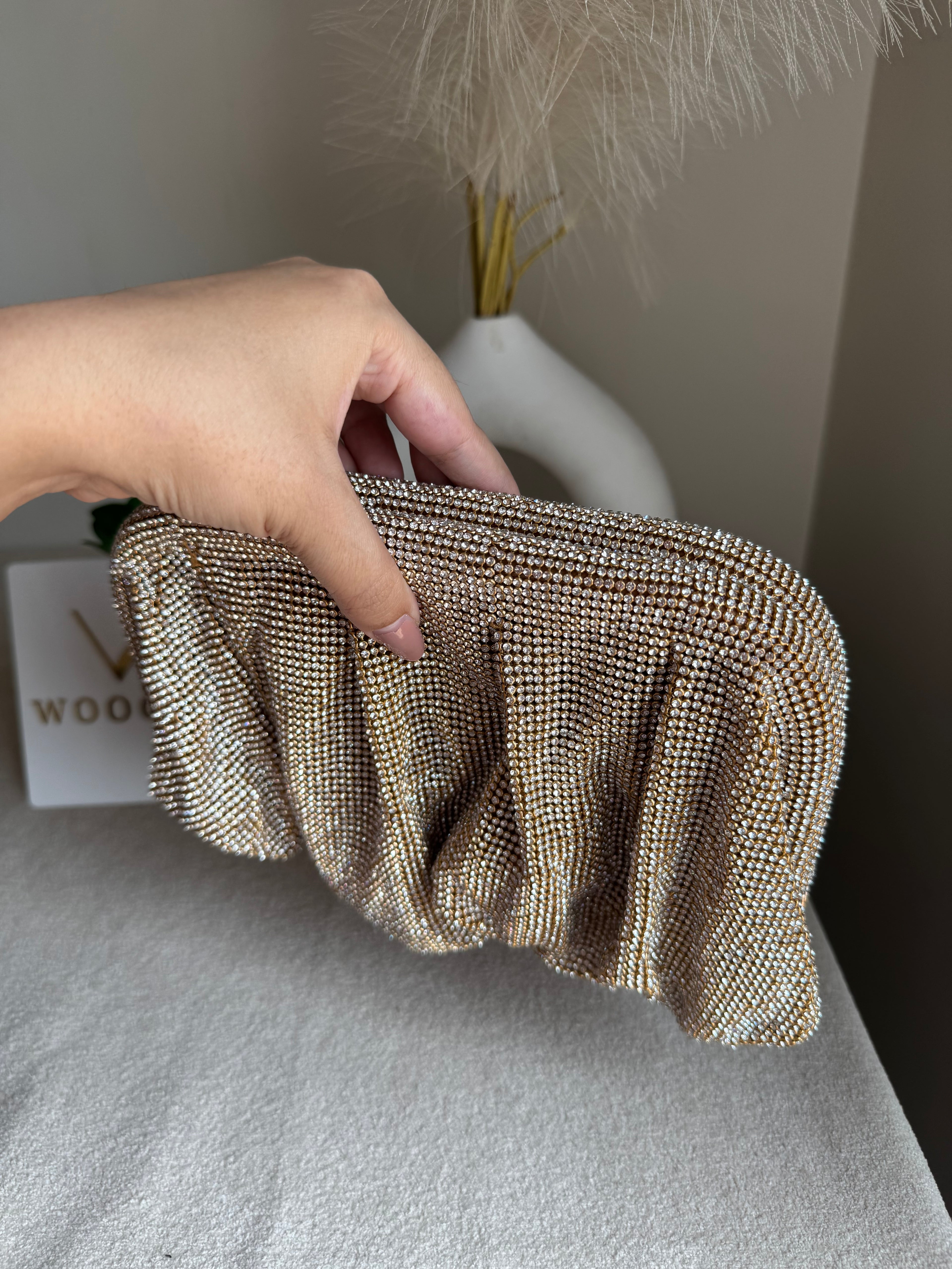 Viral High Quality Rhinestone Clutch with Chain - Champagne