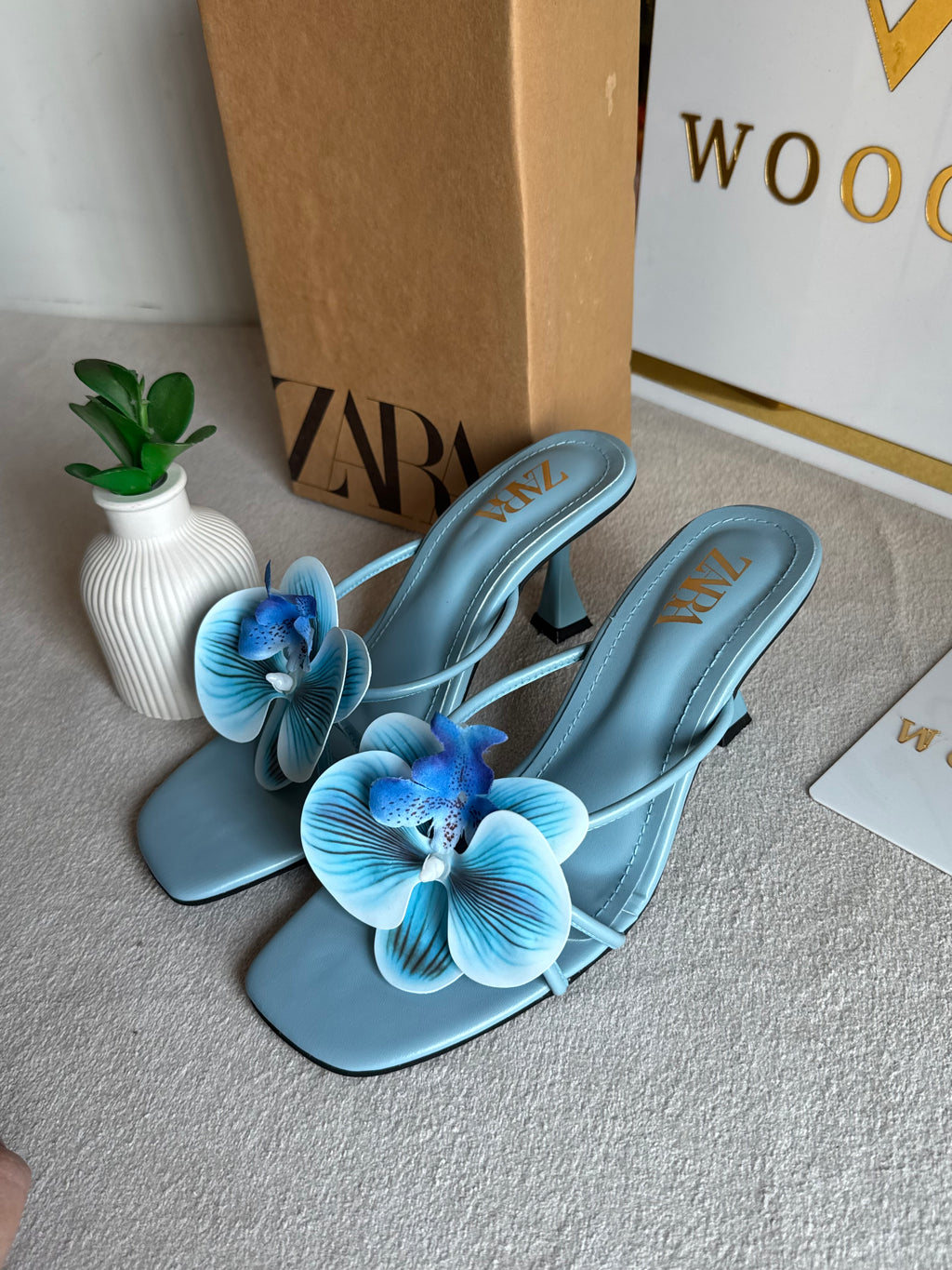 Zara Flower Heels BABY BLUE- with Brand Box