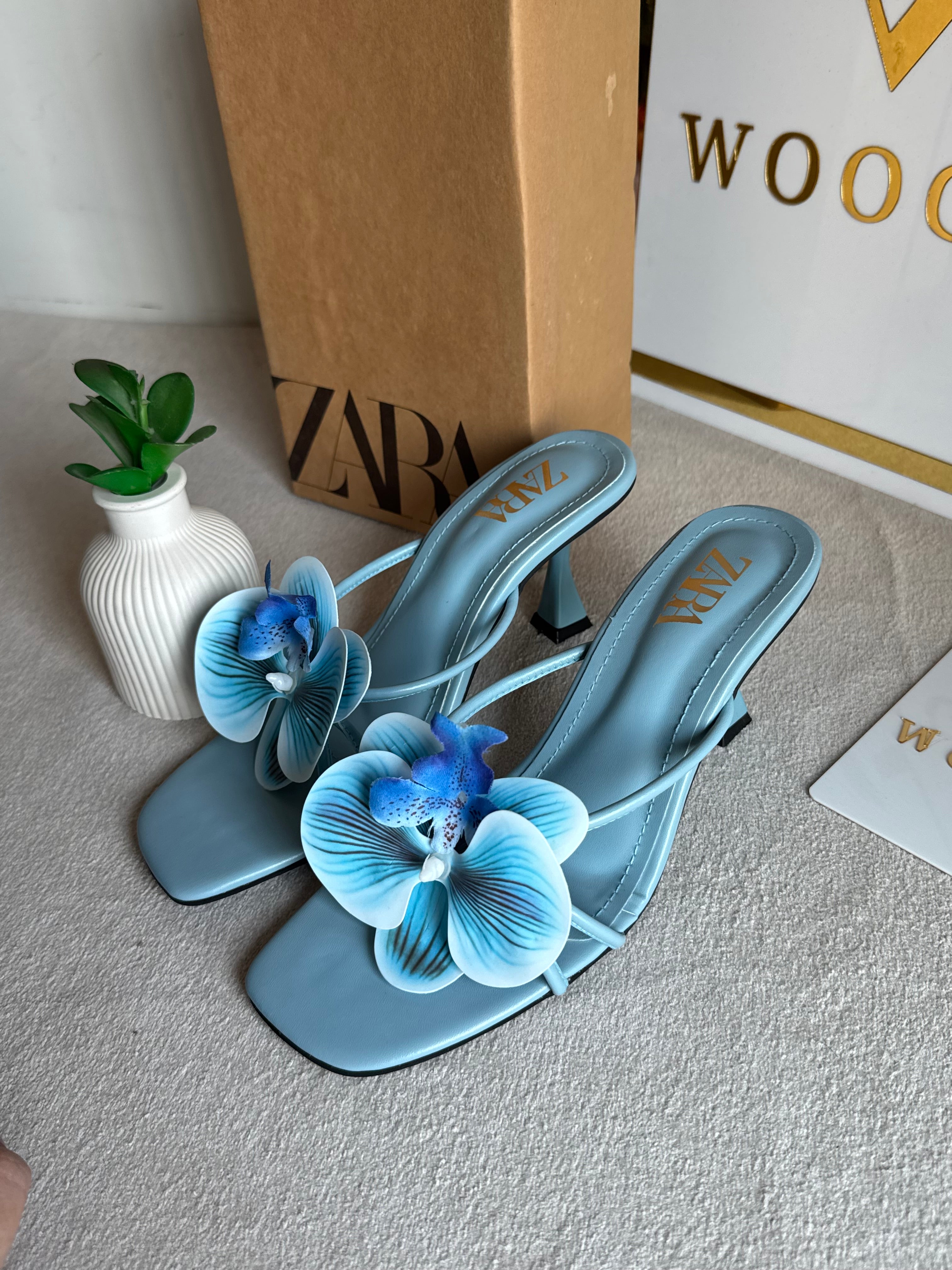 Zara Flower Heels BABY BLUE- with Brand Box