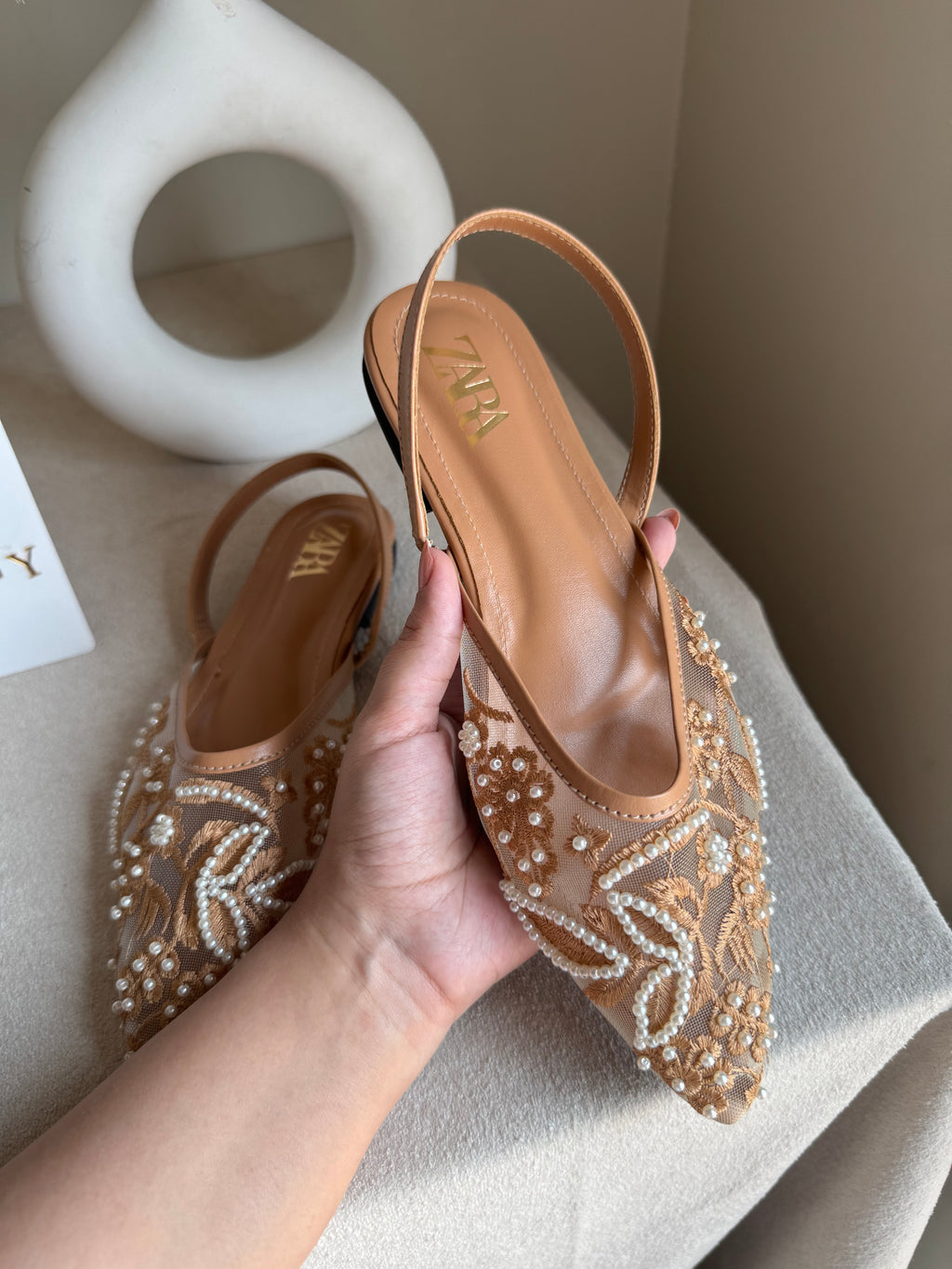 Zara Embroidered Mesh Slingback Flats  - Beige
