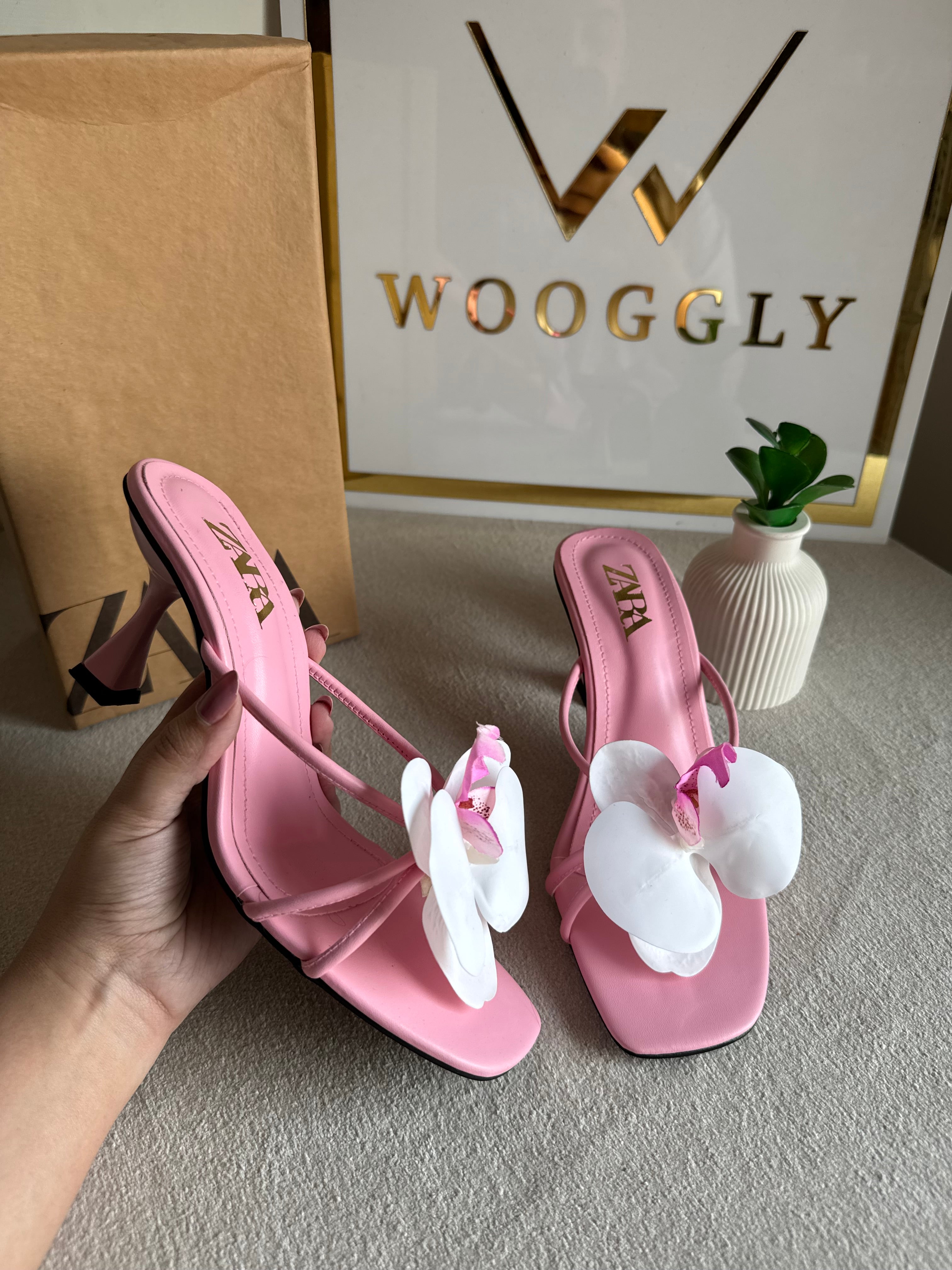 Zara Flower Heels BABY PINK - with Brand Box