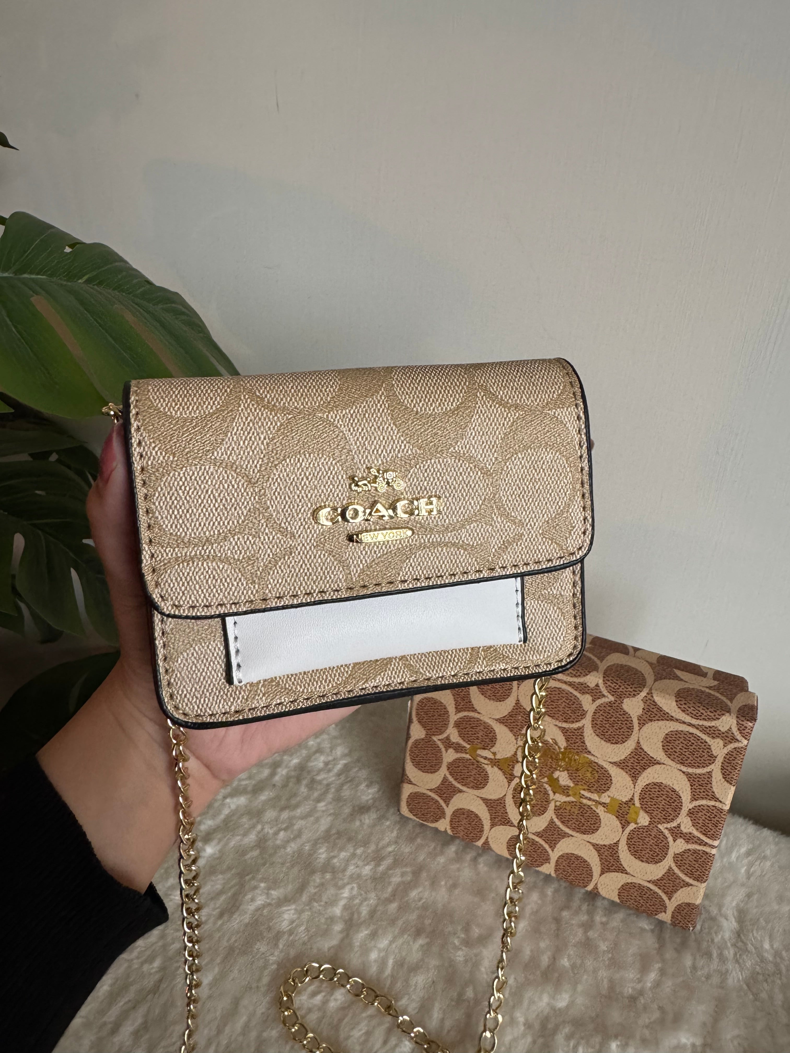 Coach Wallet with Detachable Long Chain - Beige with White