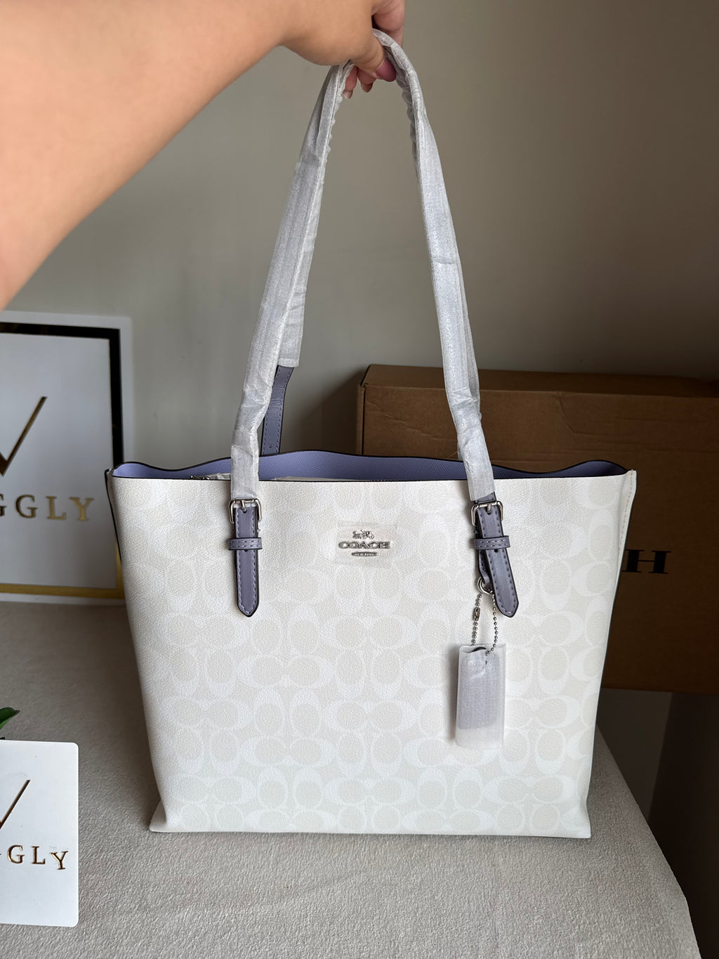 EXTREMELY PREMIUM COACH Mollie Tote Bag - Signature White & Lilac (BOX PACKING)