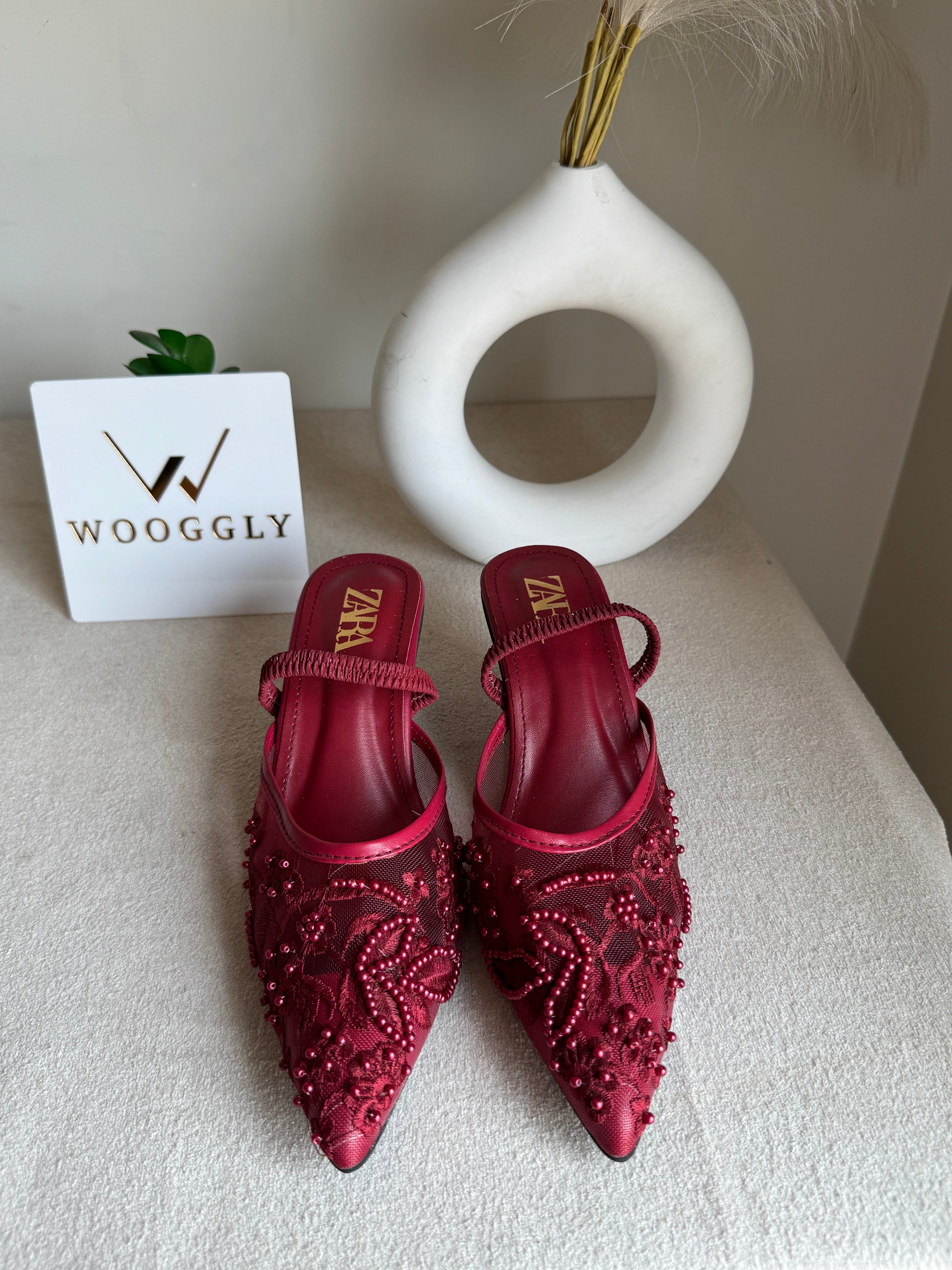Zara Embroidered Net Heels - Maroon