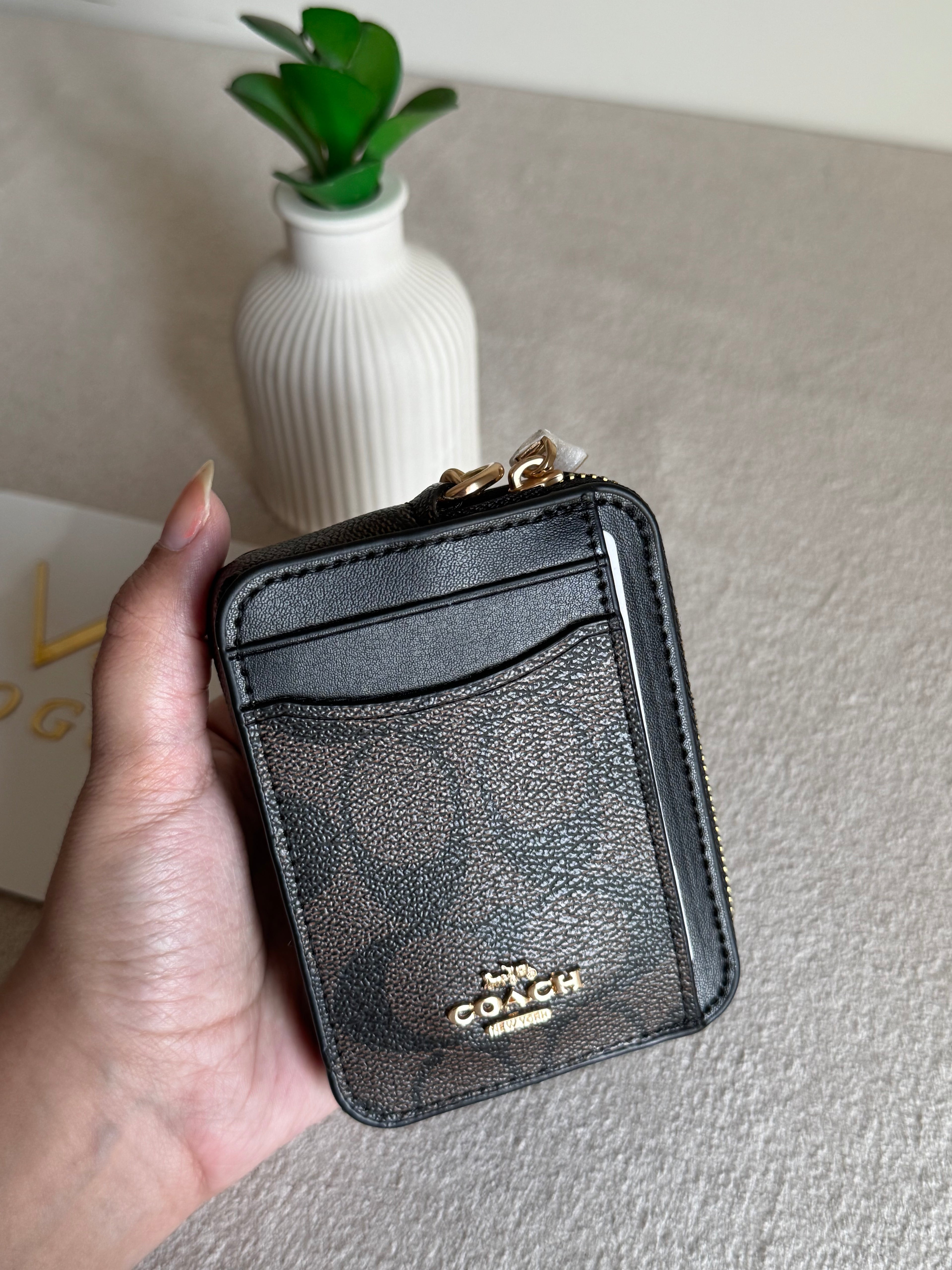 Coach Zip Card Case with Box Packing - Signature Brown