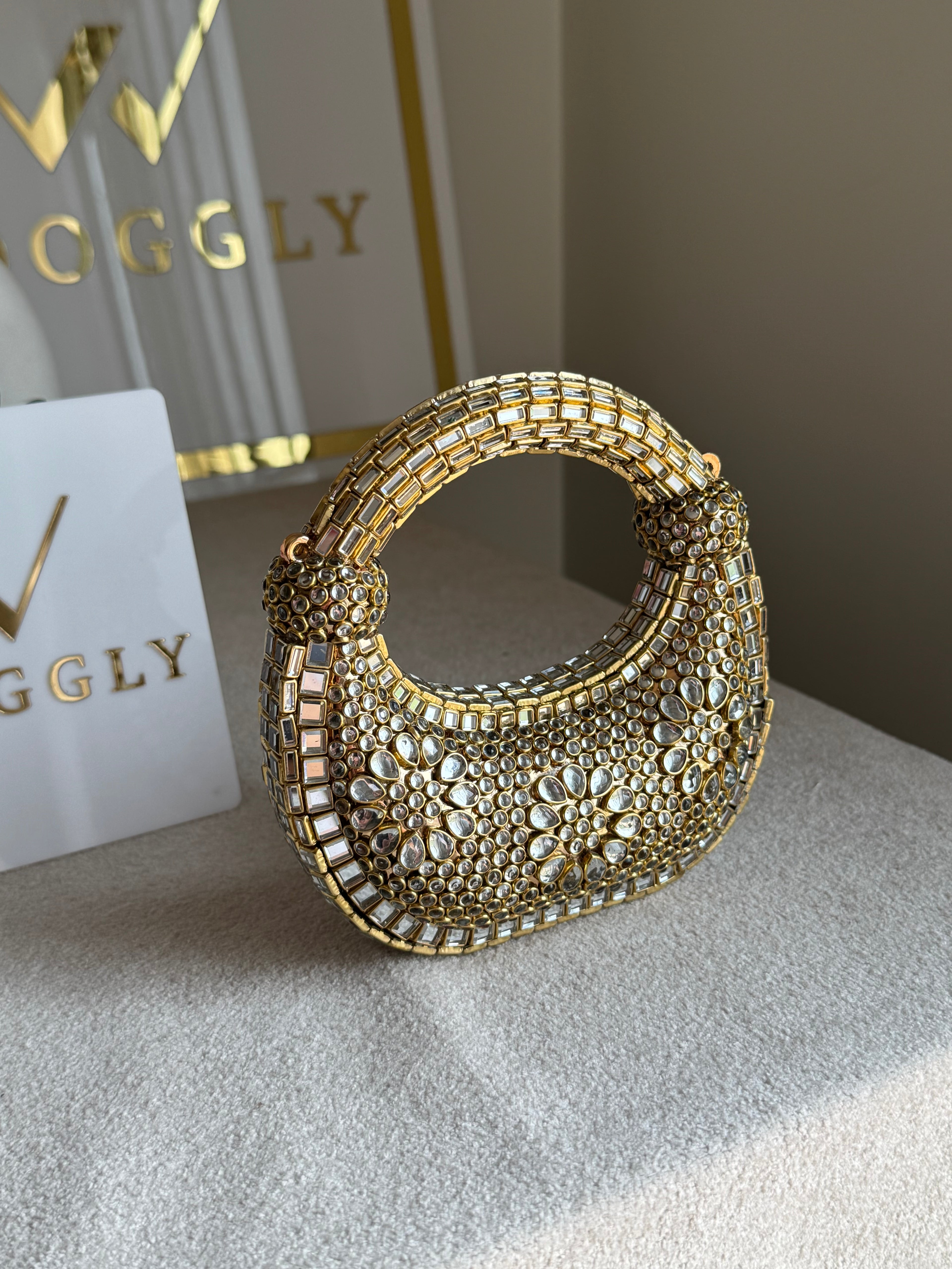 Kundan Classic Moon Clutch DESIGN 2 - Gold with Chain