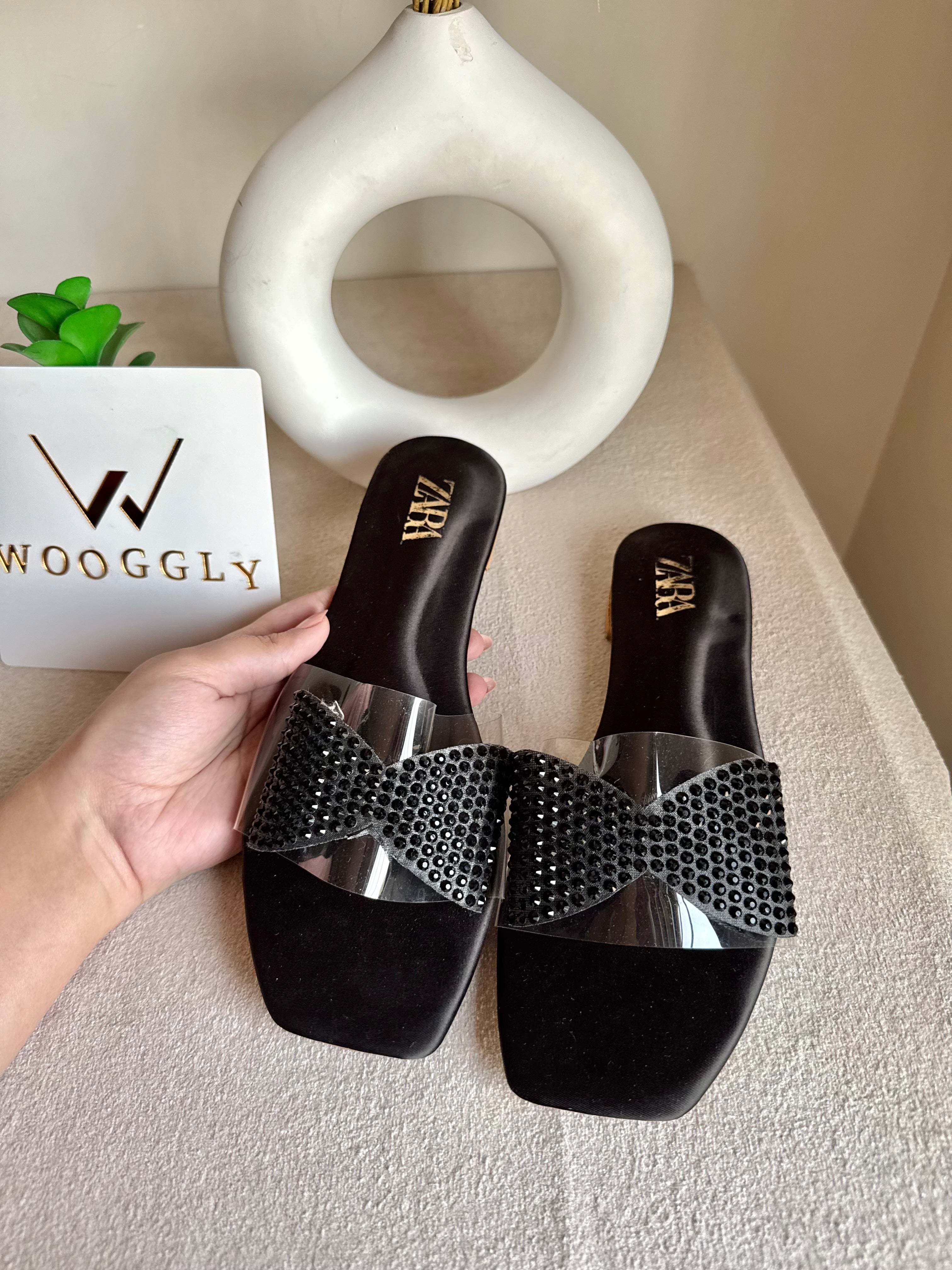 Zara Glitter Bow Slides - Black