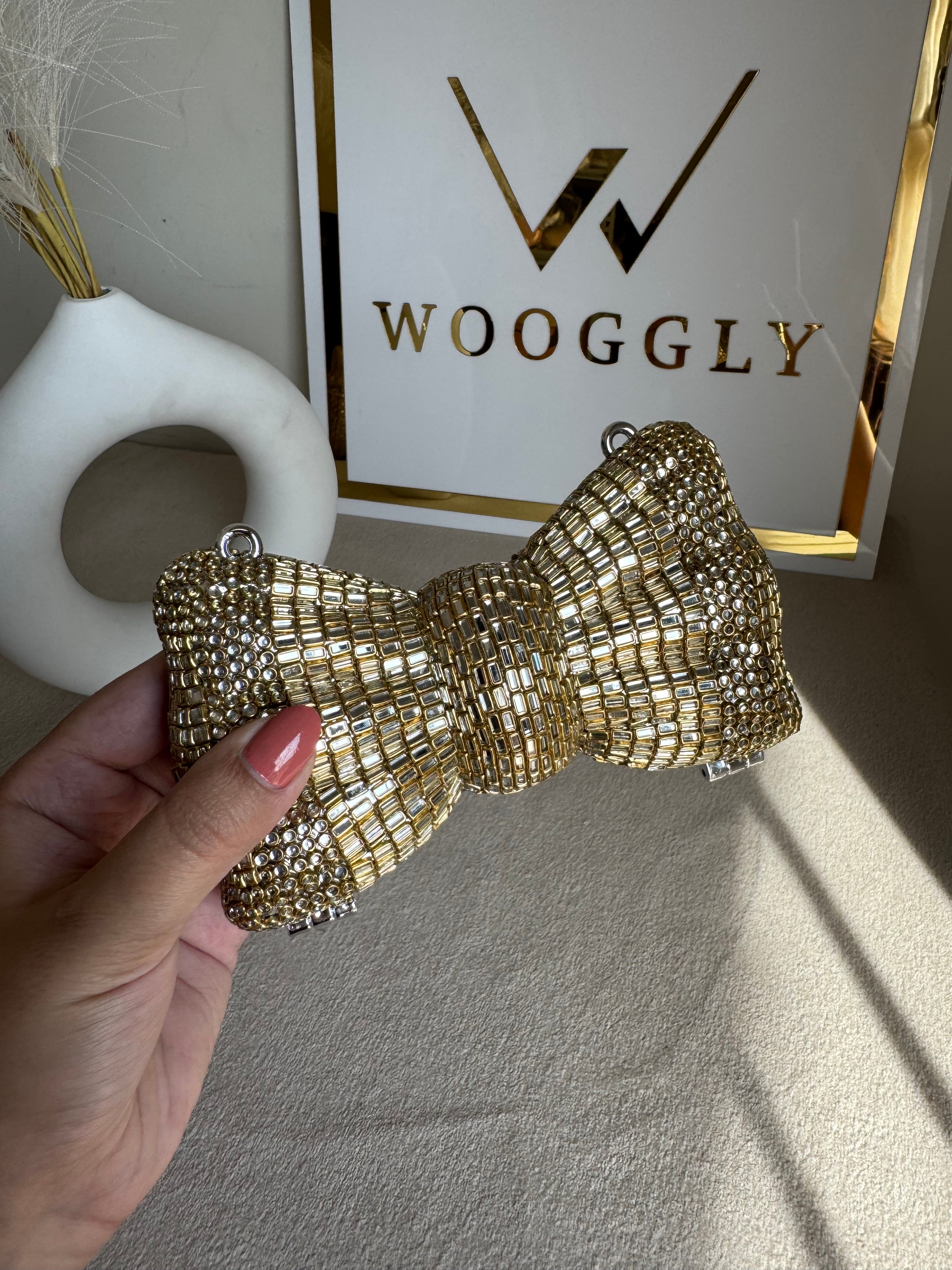 Kundan Bow Clutch - Gold with Chain