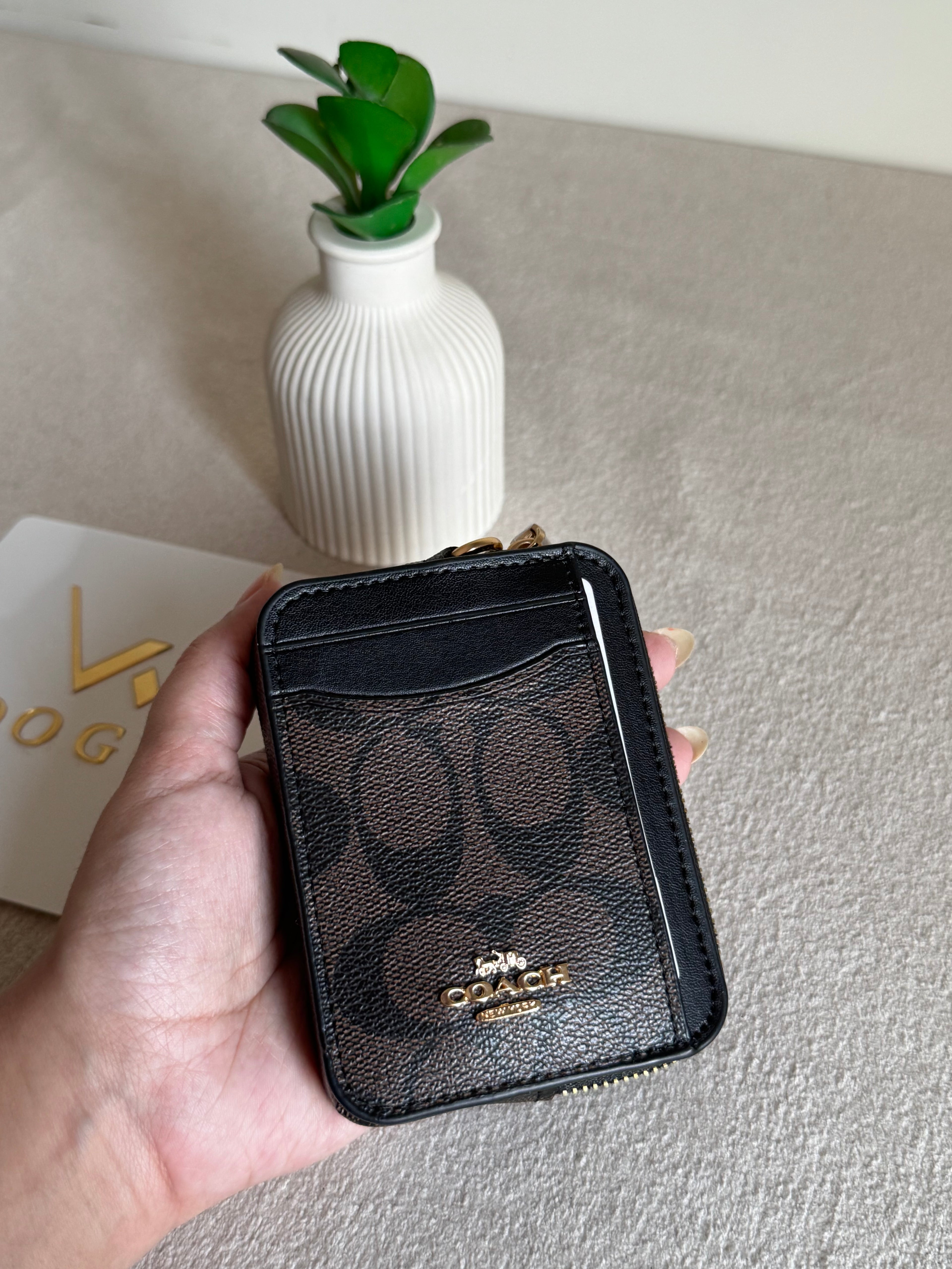Coach Zip Card Case with Box Packing - Signature Brown