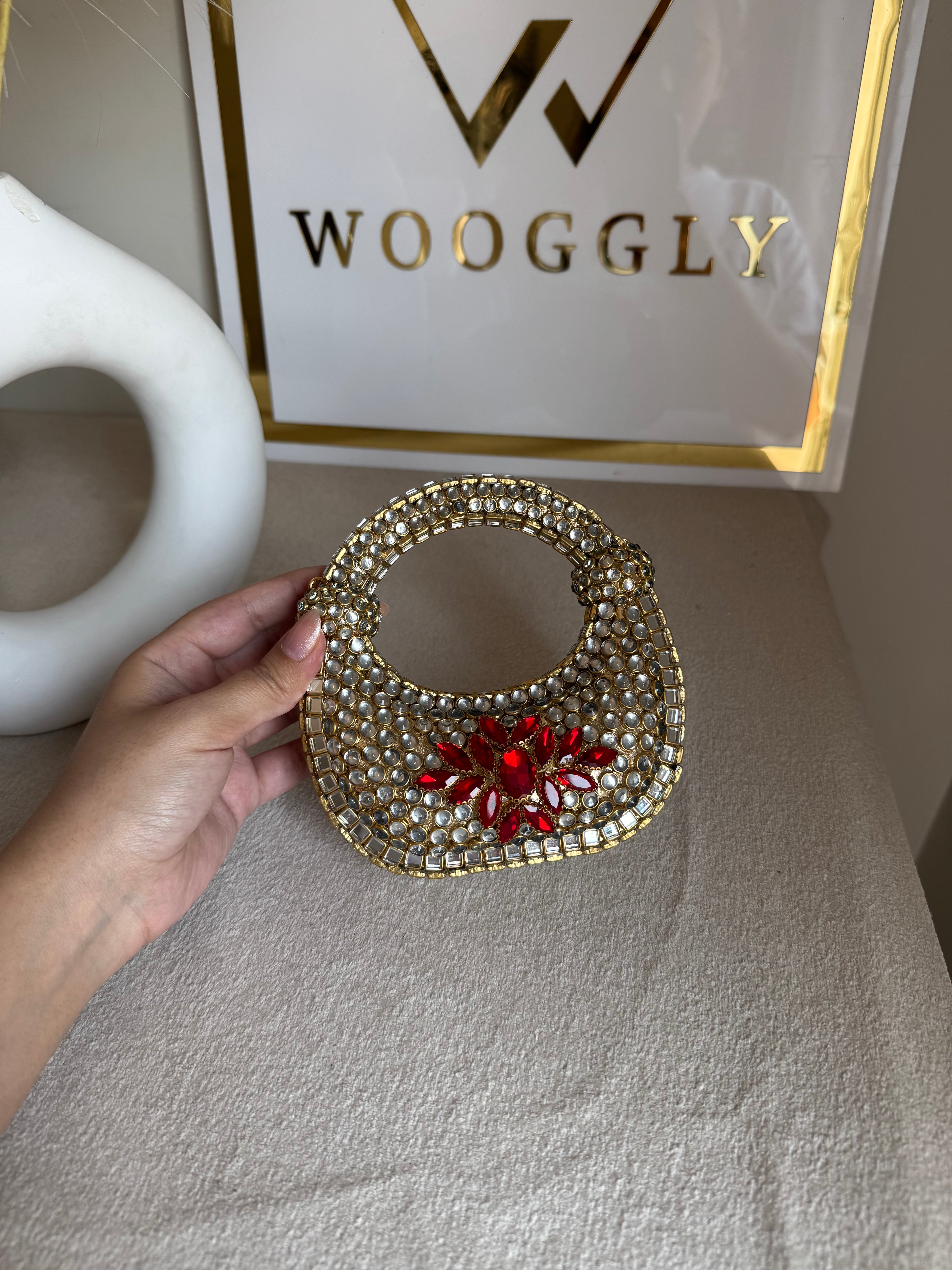 Kundan Classic Moon Clutch with Red Stone Embellishment