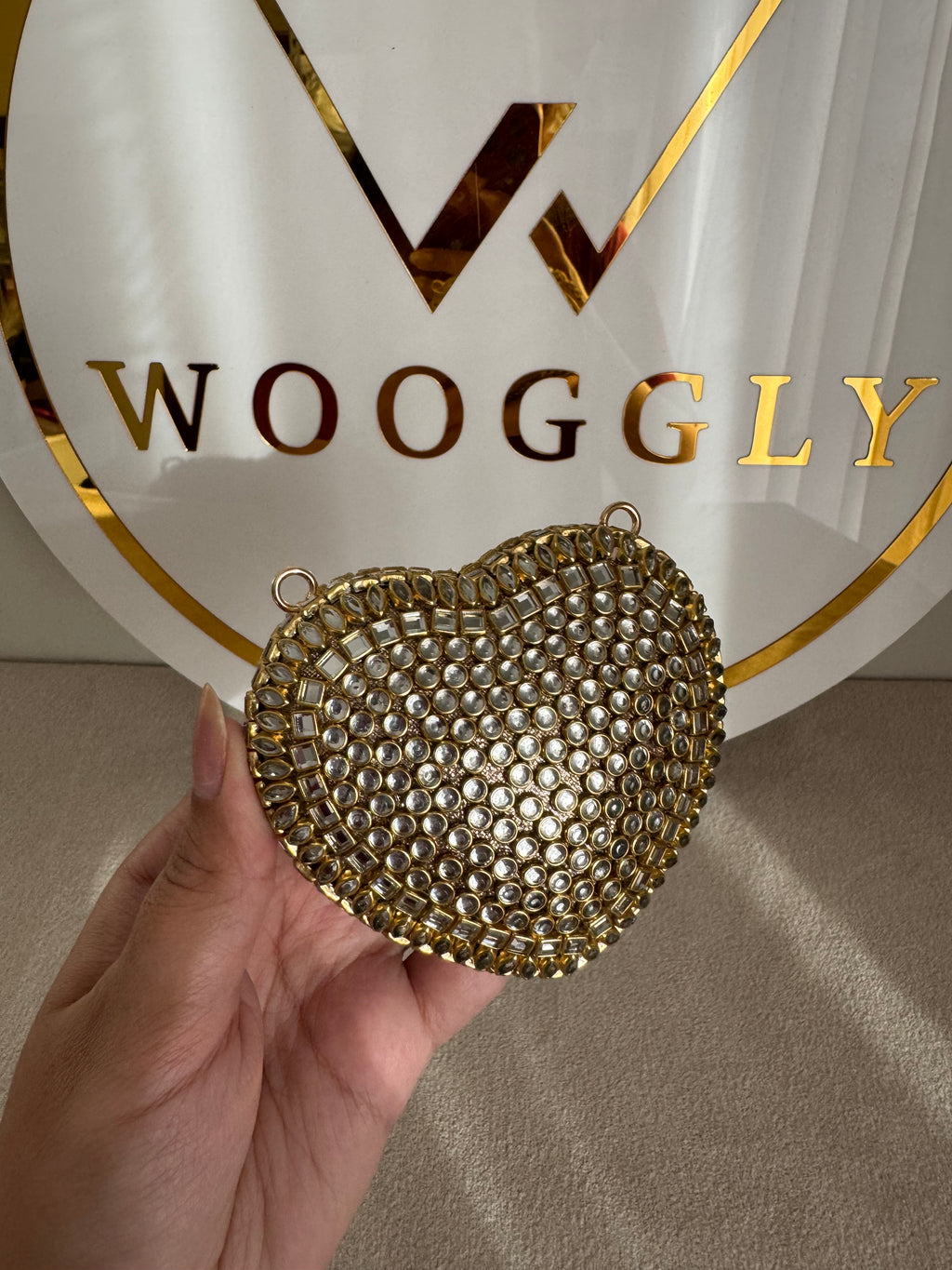 Kundan Classic Heart Clutch - Gold with Chain