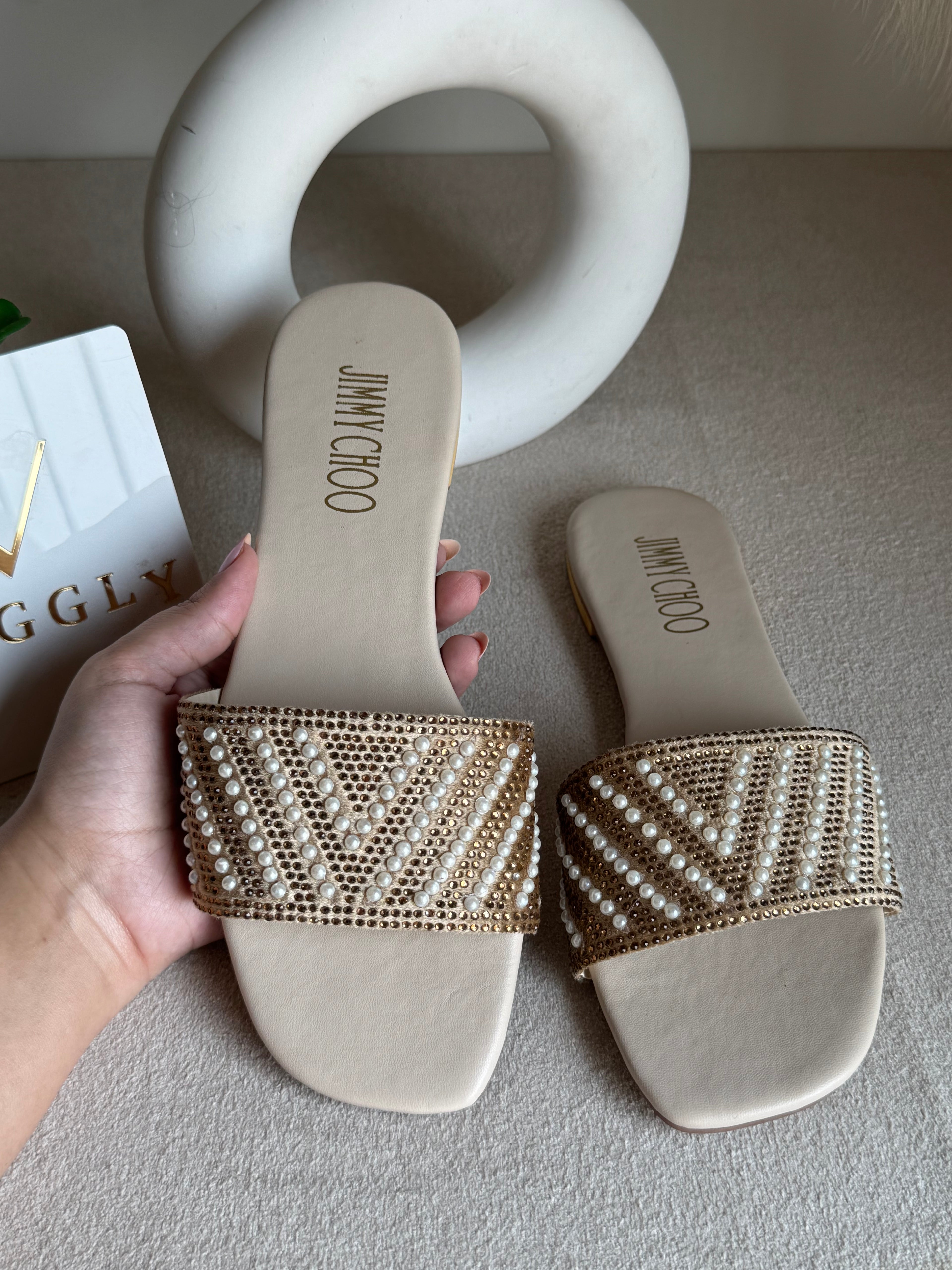 Jimmy Choo Glam Slides Beige with Pearl