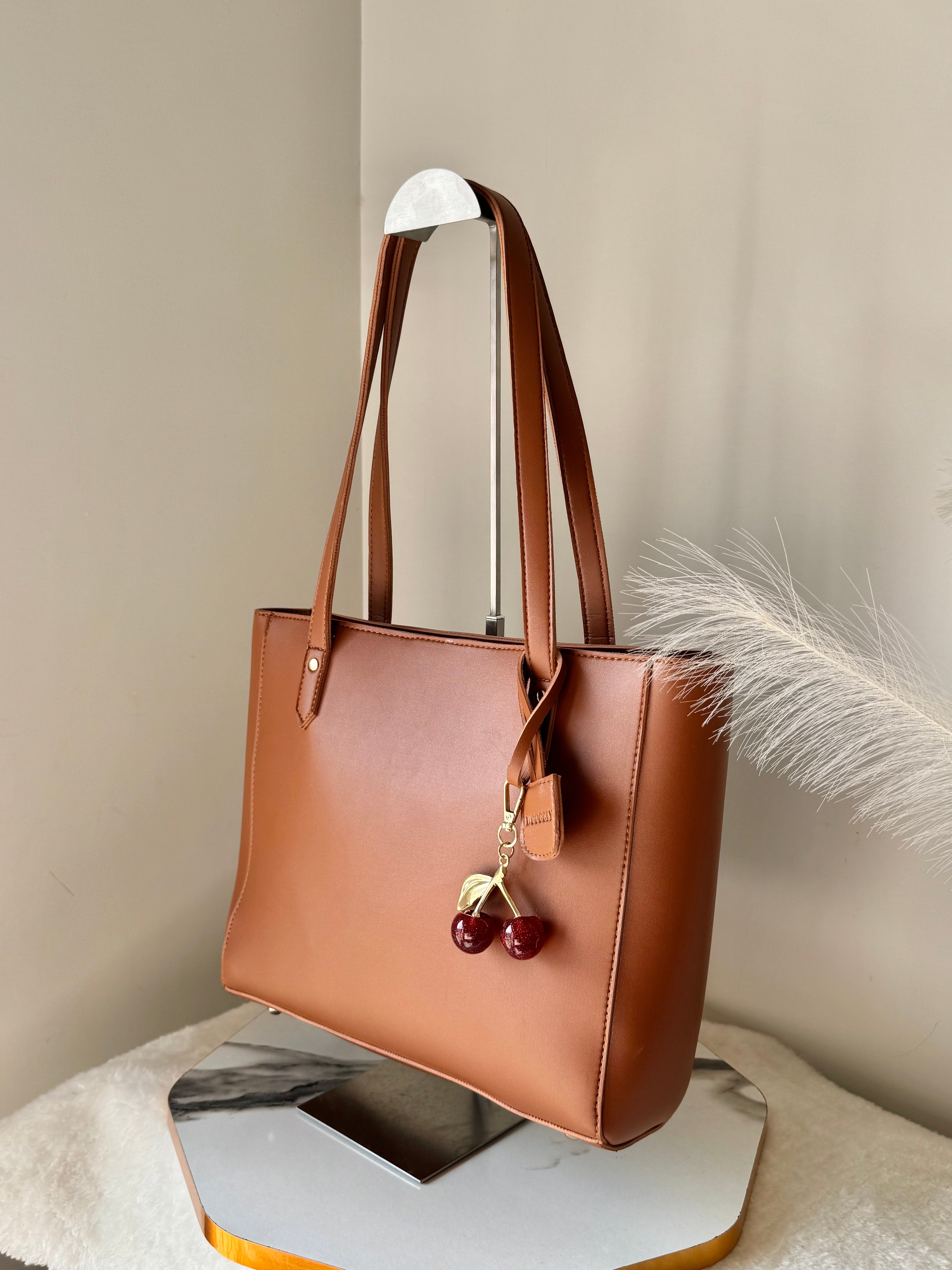Wooggly Signature Tote Bag with Cherry Charm - Light Brown