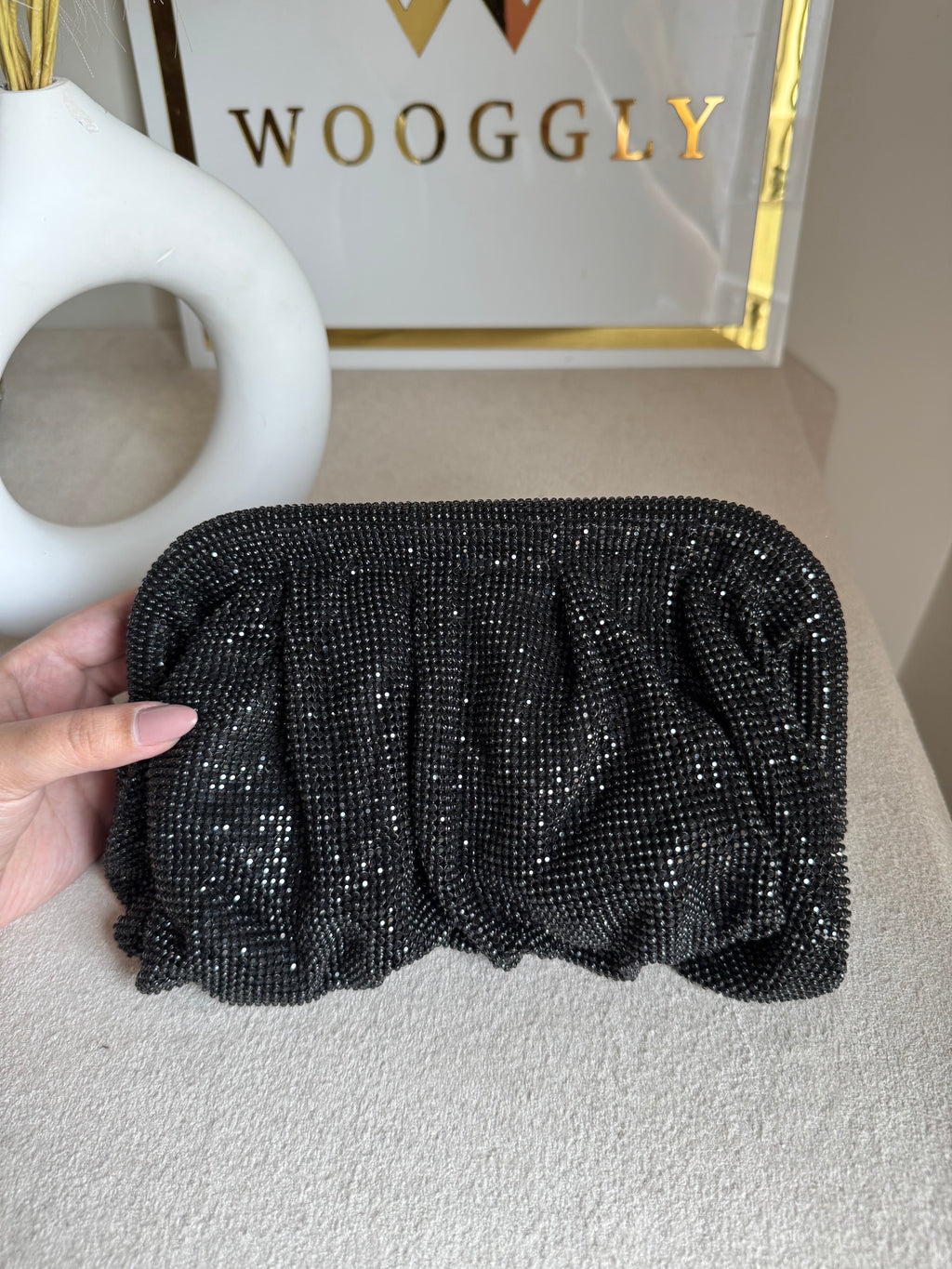 Viral High Quality Rhinestone Clutch with Chain - Black