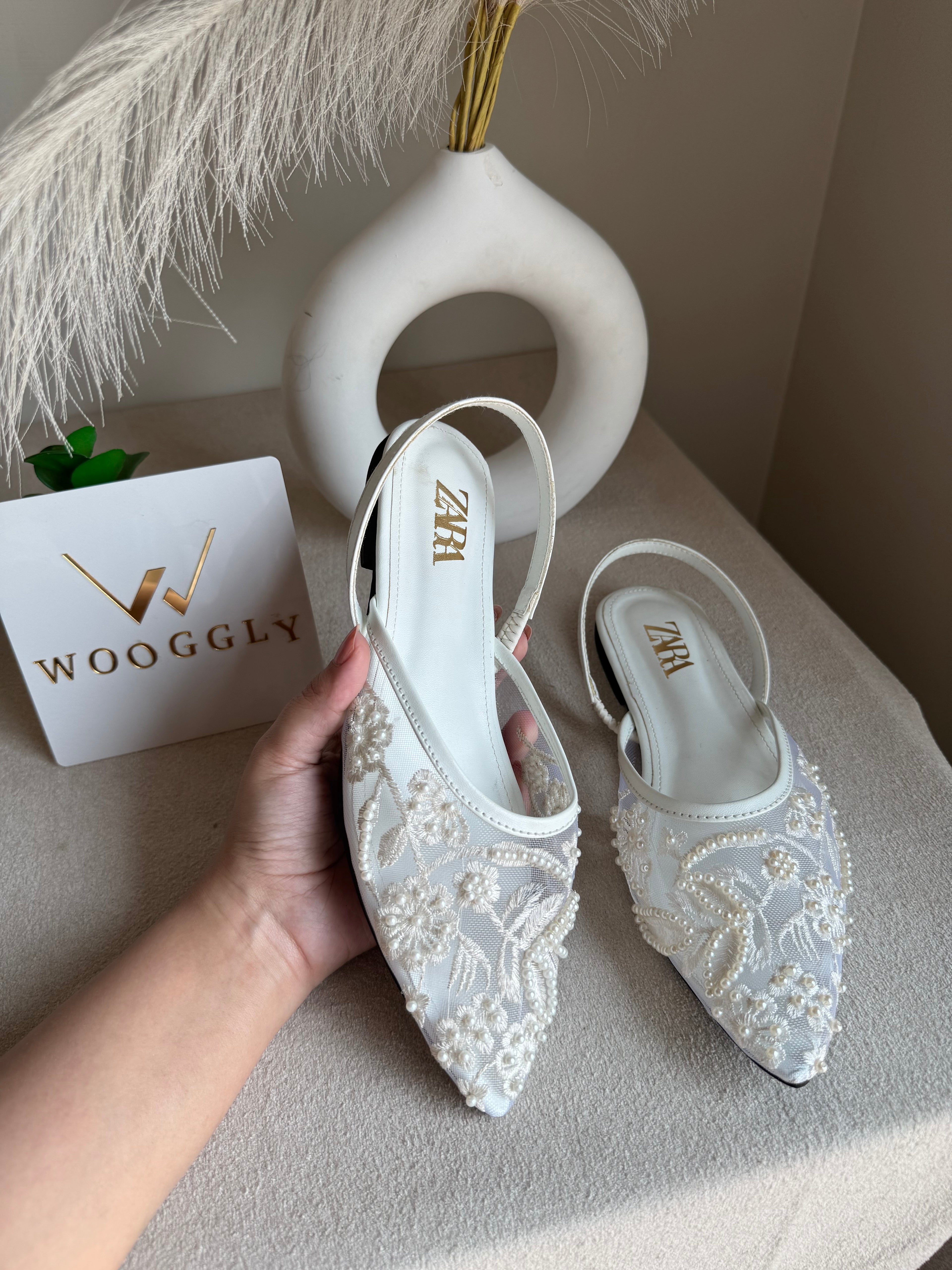 Zara Embroidered Mesh Slingback Flats  - White
