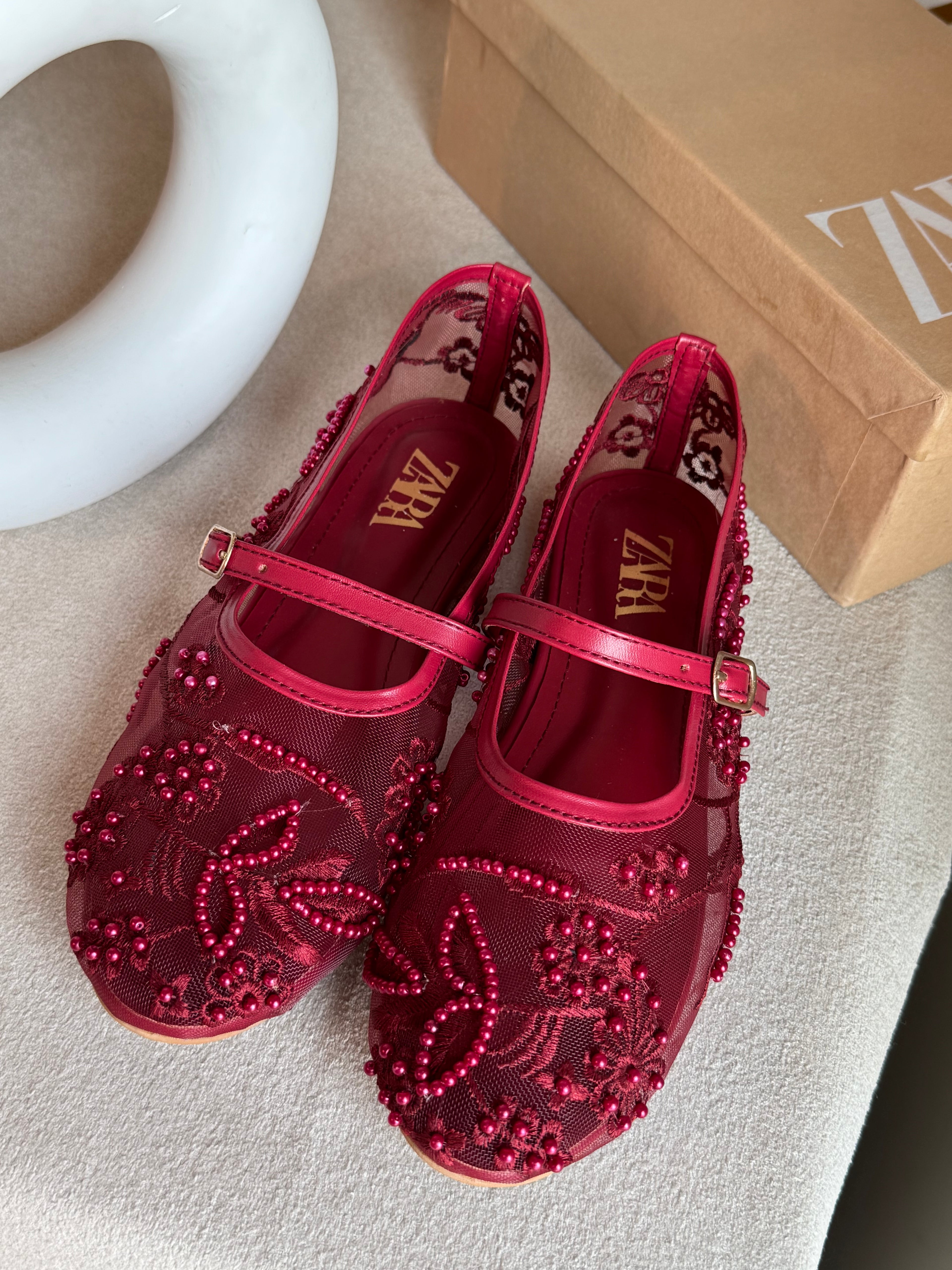 Zara Embroided Net Pumps - Maroon