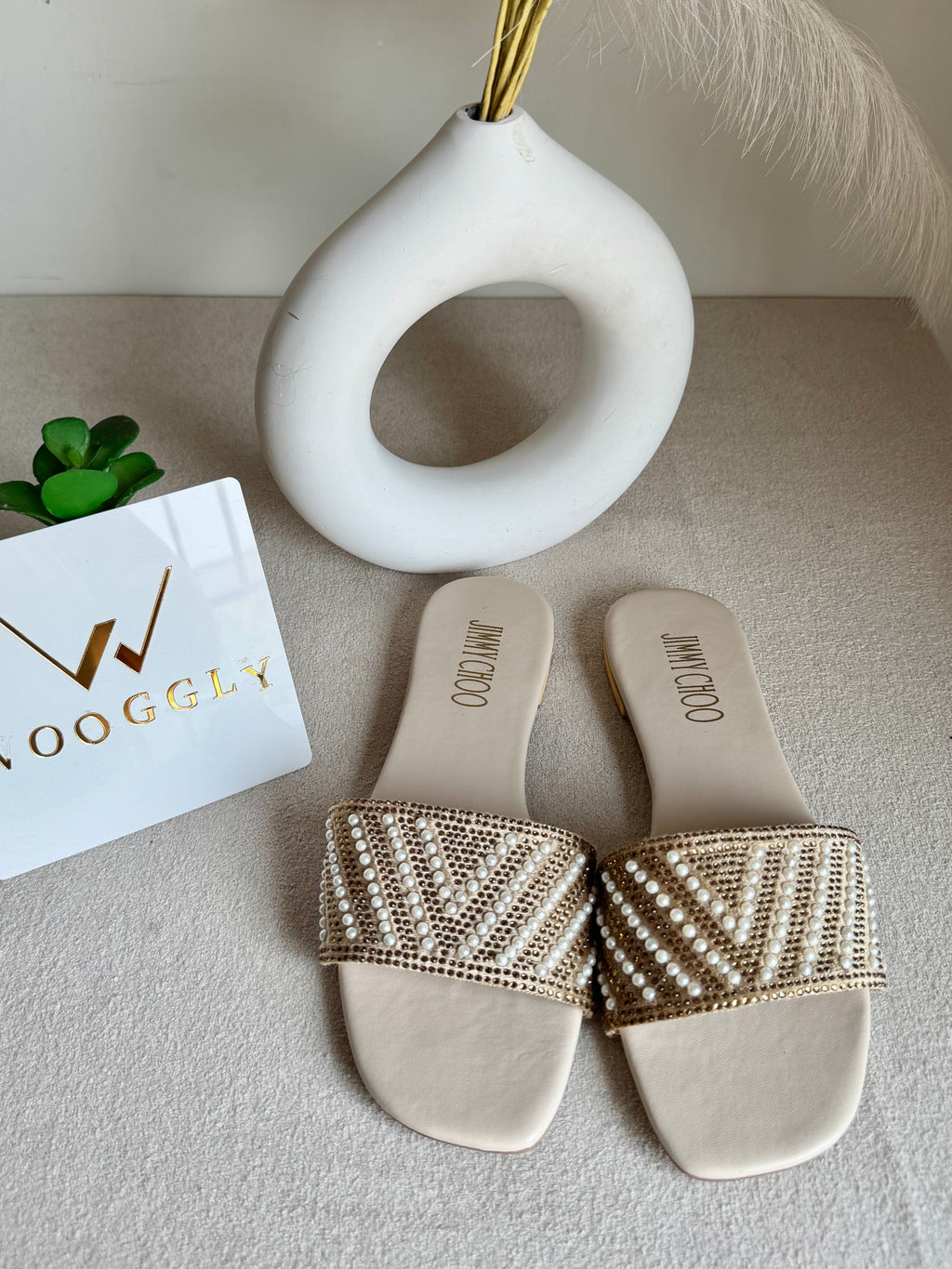 Jimmy Choo Glam Slides Beige with Pearl
