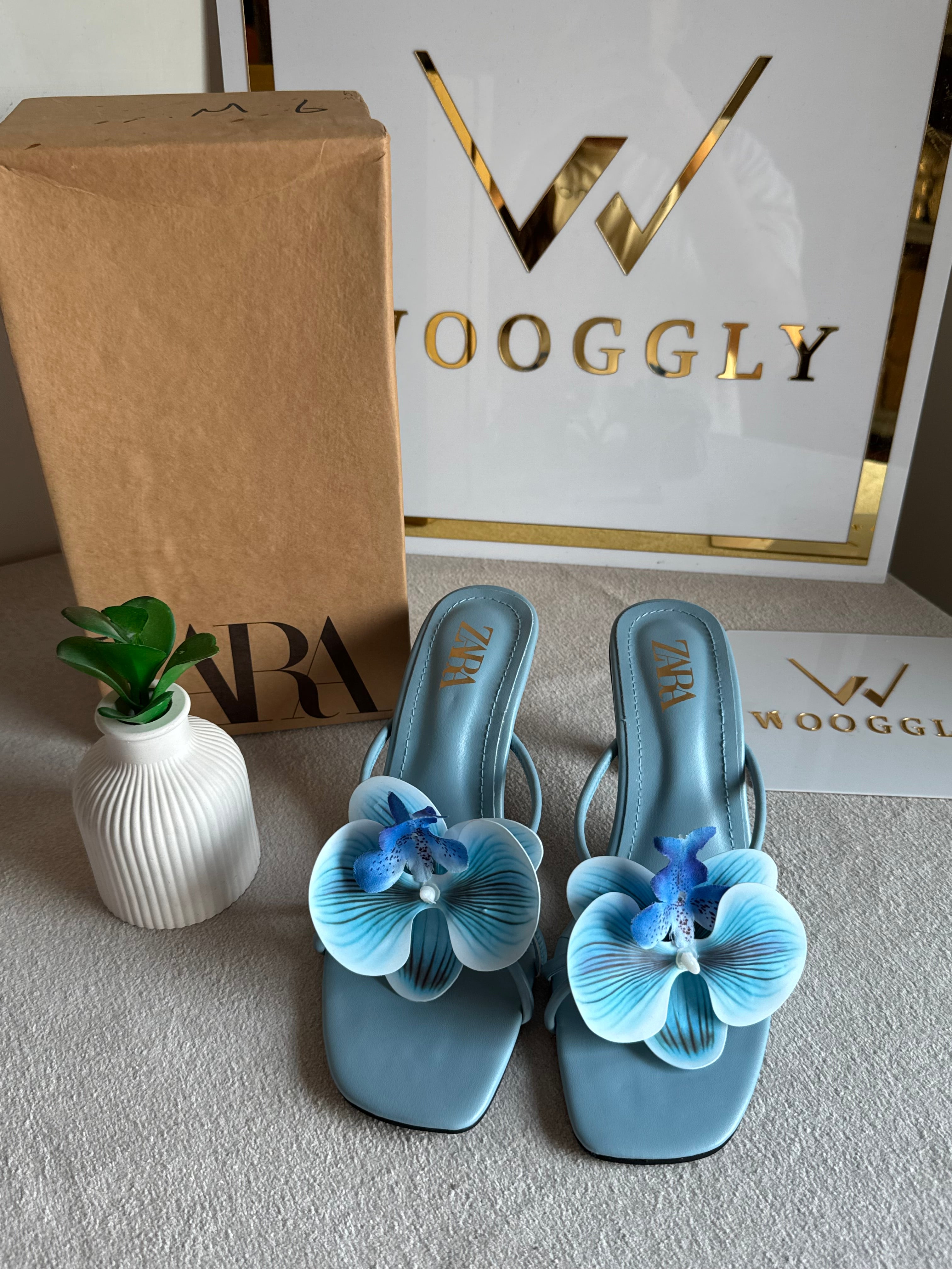 Zara Flower Heels BABY BLUE- with Brand Box