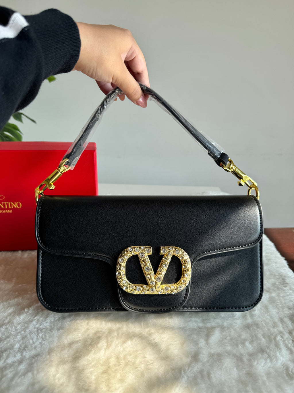 Valentino Loco with Jewel Logo PREMIUM Handbag with Box Packing - Black