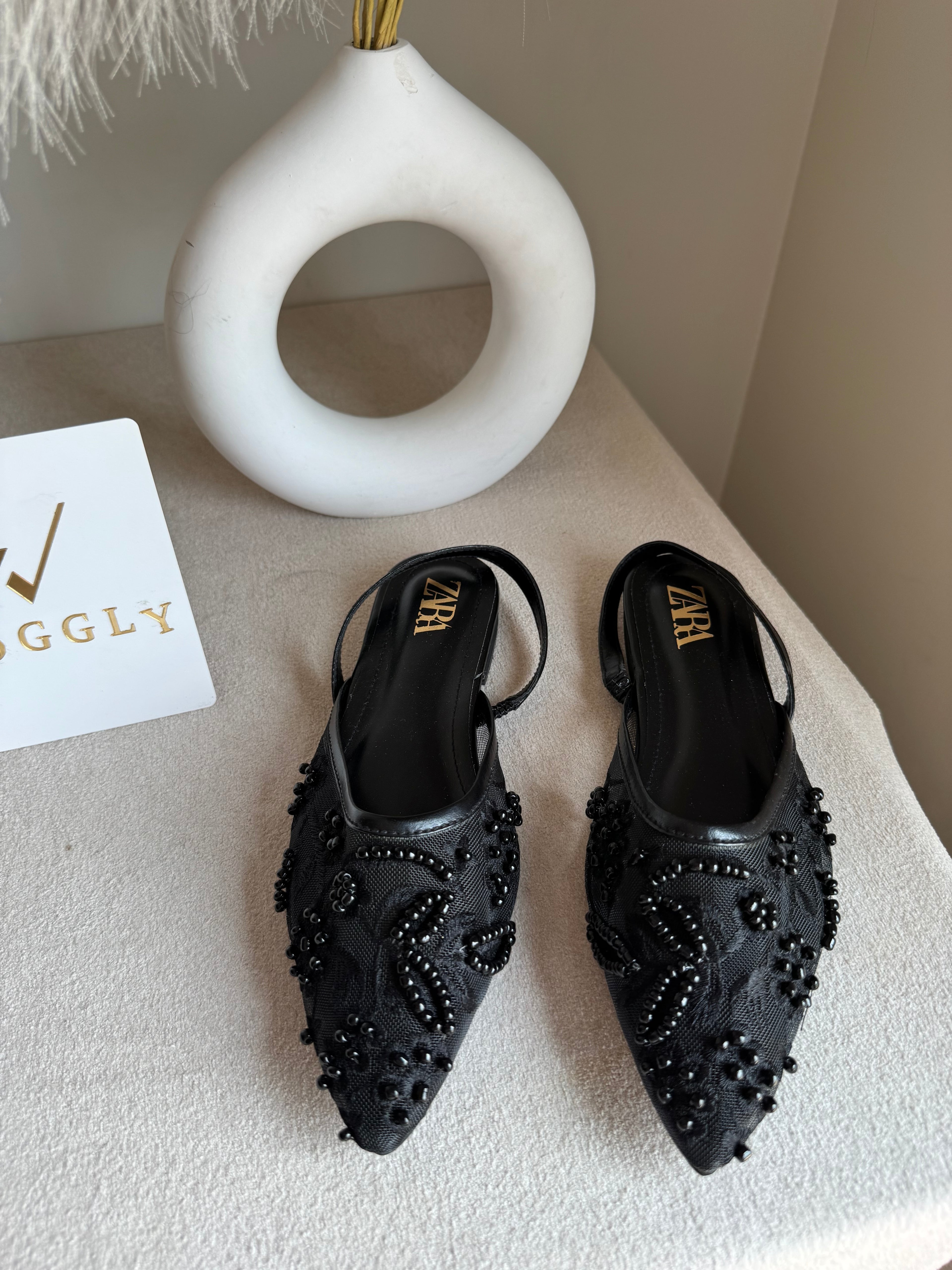 Zara Embroidered Mesh Slingback Flats  - Black