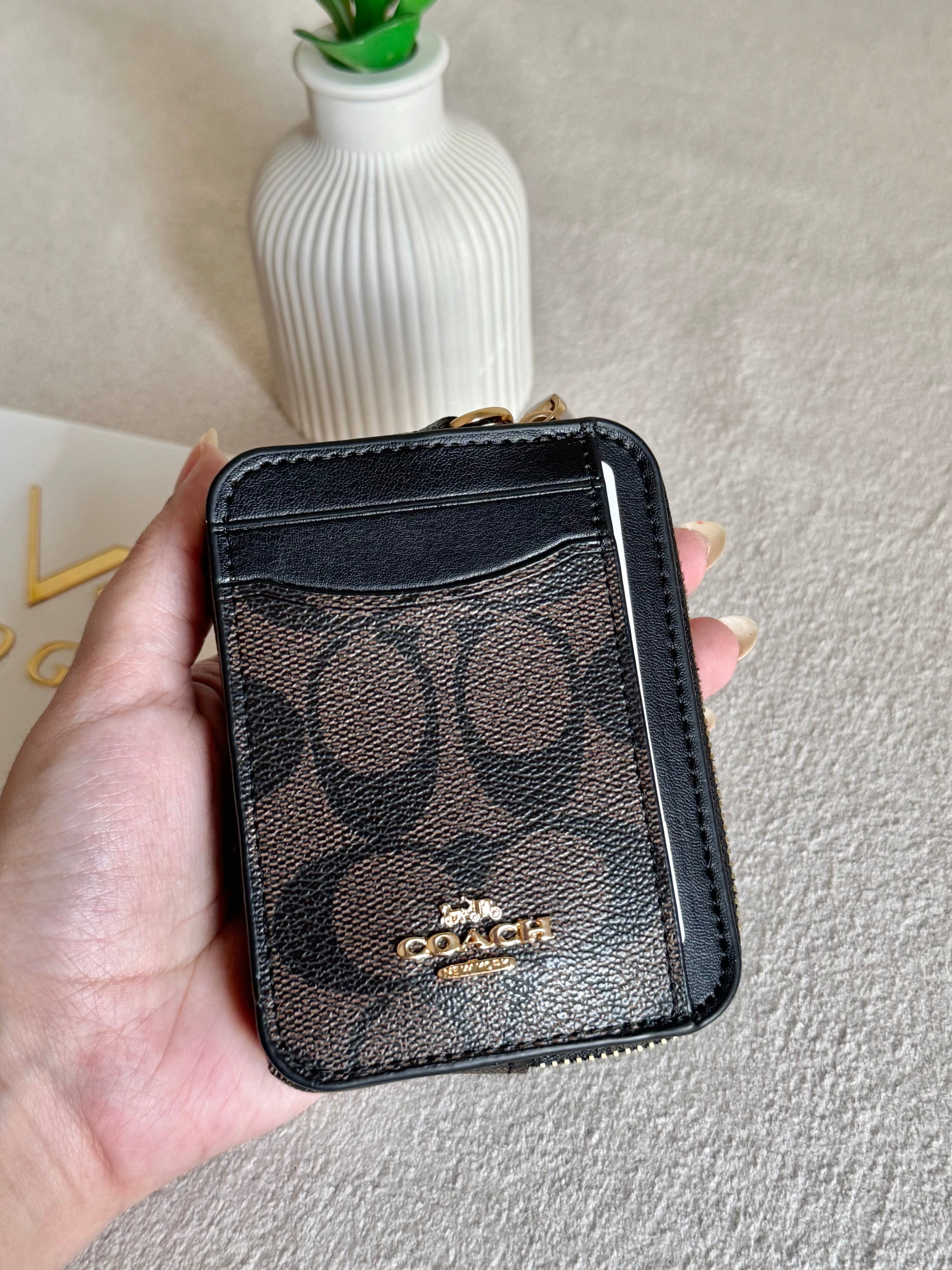 Coach Zip Card Case with Box Packing - Signature Brown
