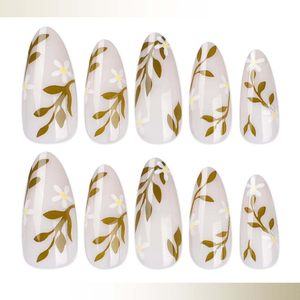 Floral Almond Press On Nails - 24 Pieces Complete Kit