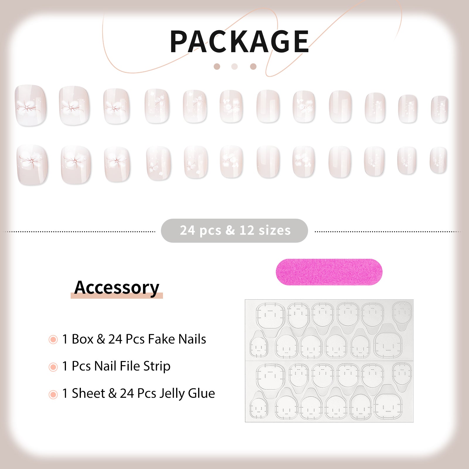 Glossy Beauty Press On Nails - 24 Pieces Complete Kit
