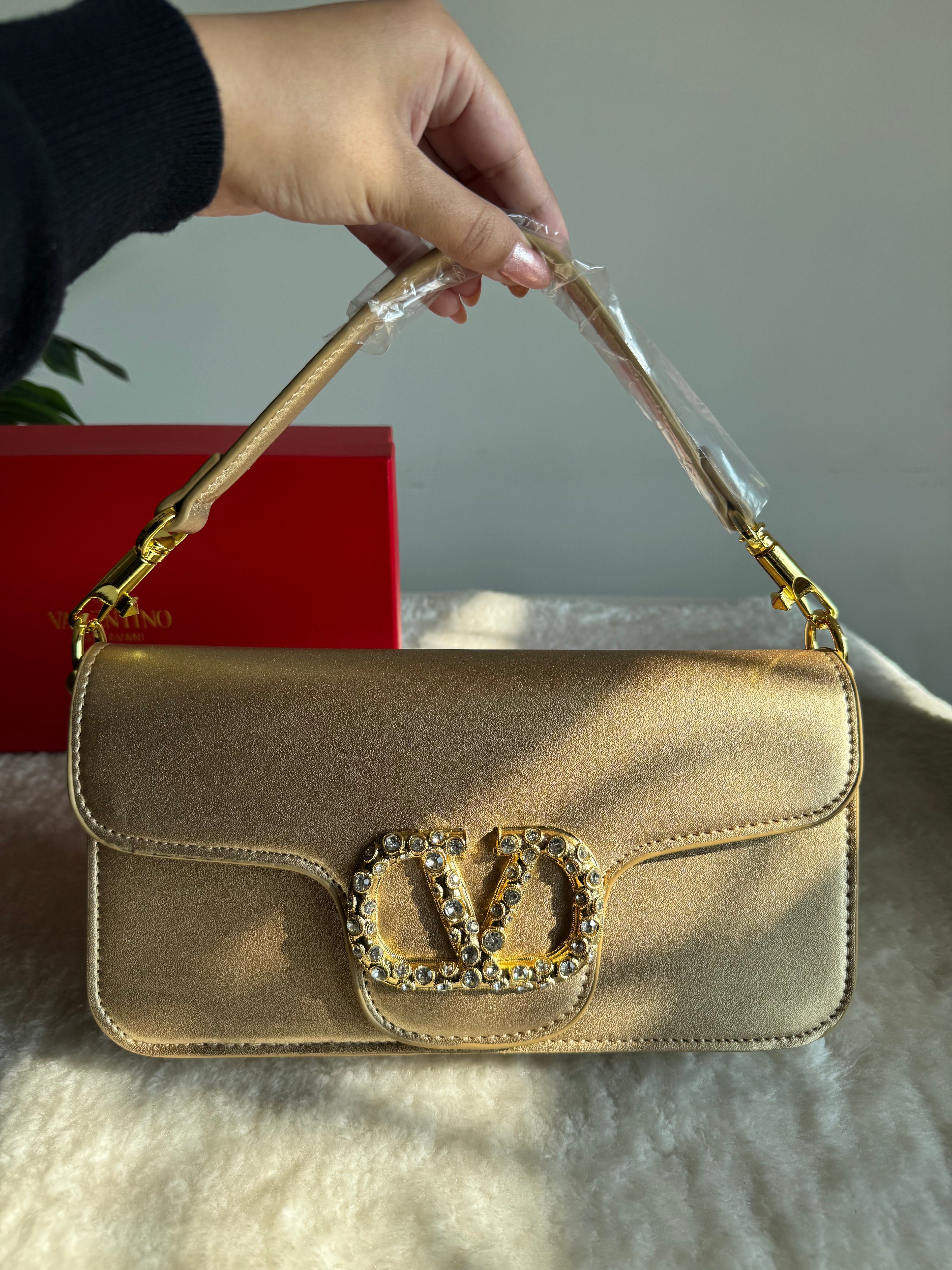 Valentino Loco with Jewel Logo PREMIUM Handbag with Box Packing - Champagne