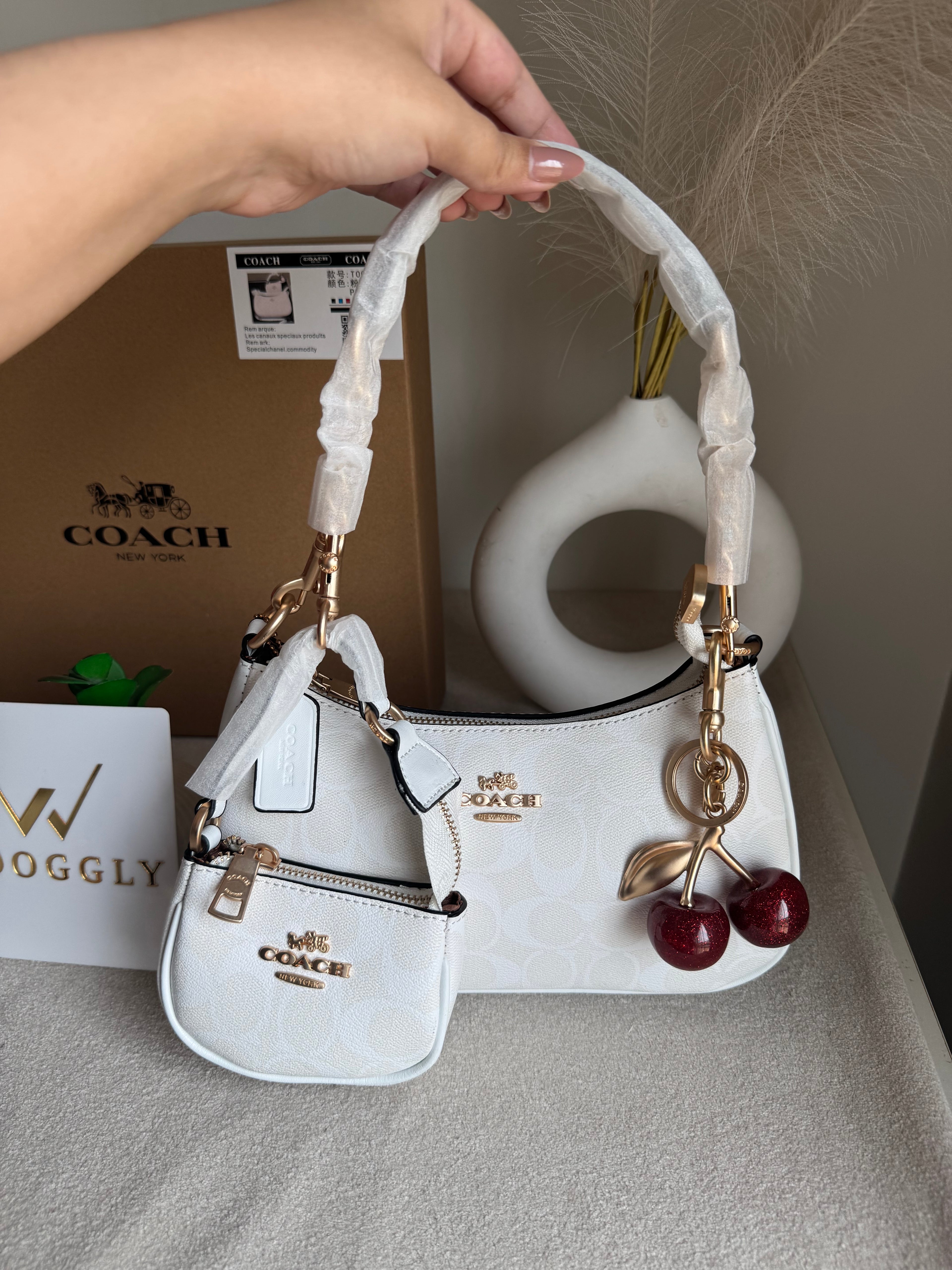 COACH Teri Gift Box with Baby Teri Charm & Coach Cherry Charm - Signature White