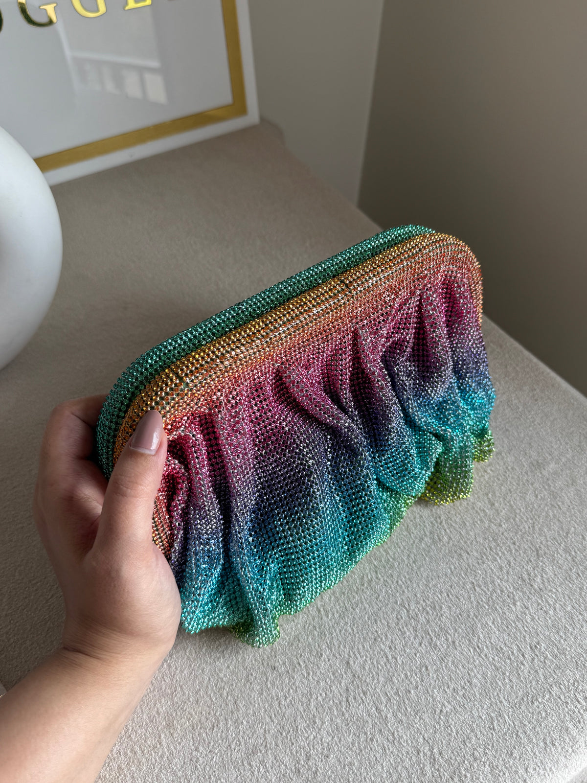 Viral High Quality Rhinestone Clutch with Chain - Rainbow Ombre