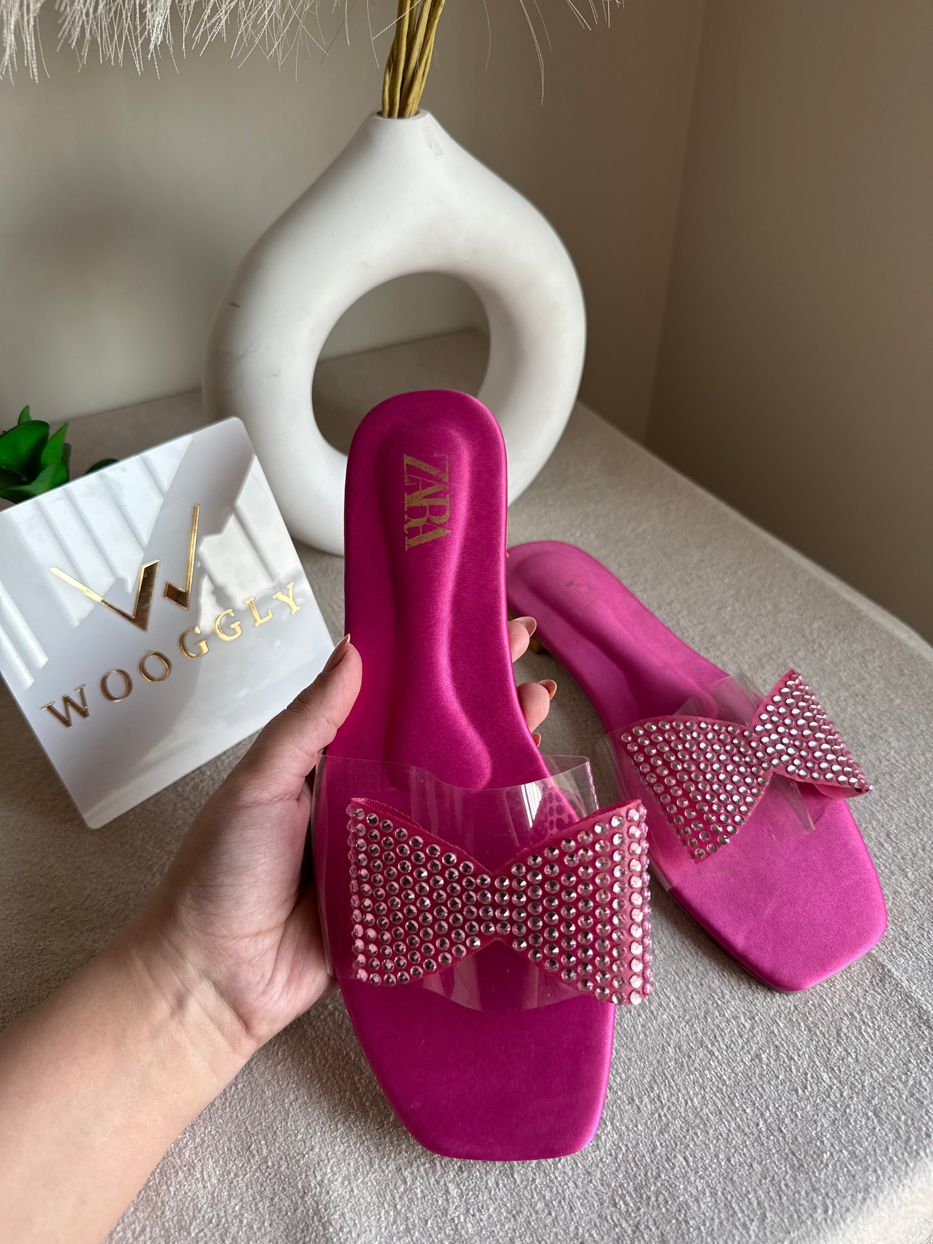 Zara Glitter Bow Slides - Hot Pink