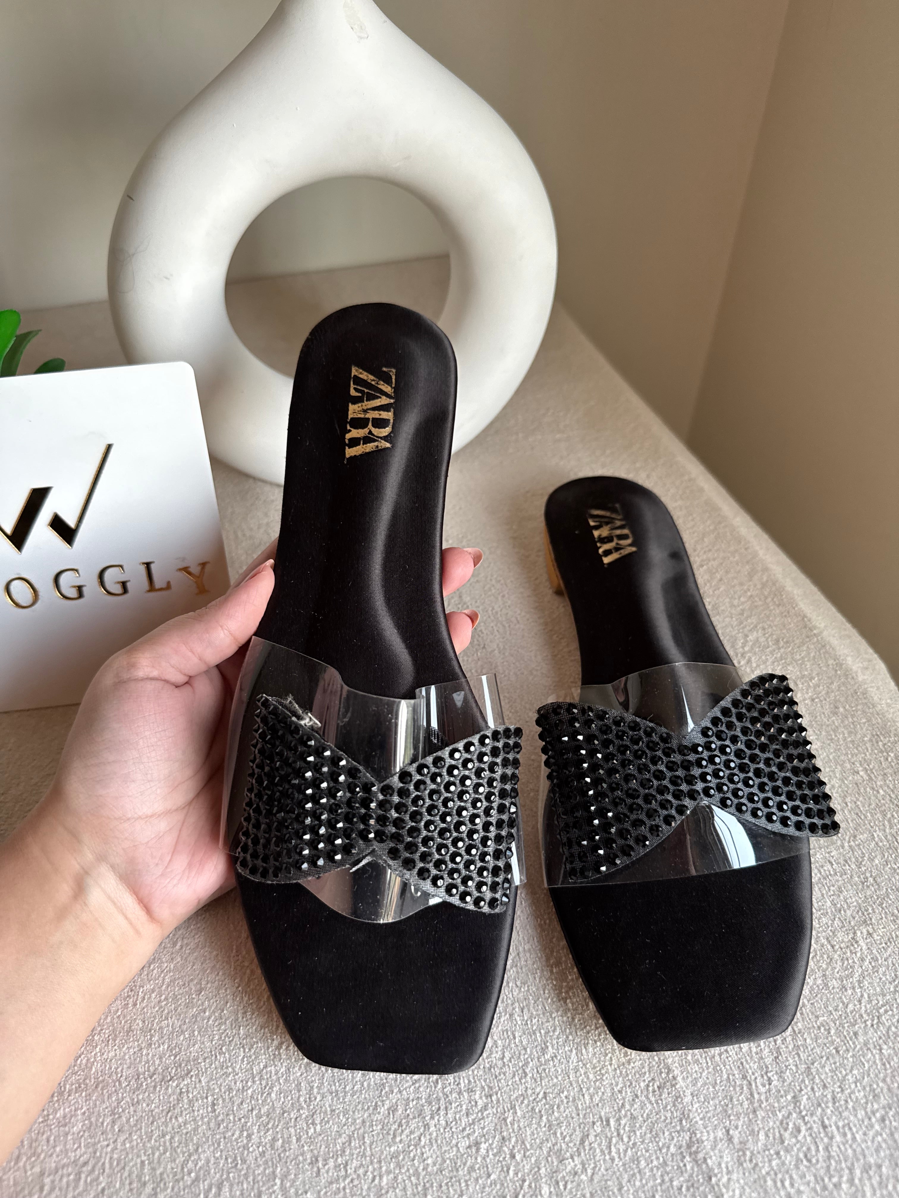 Zara Glitter Bow Slides - Black