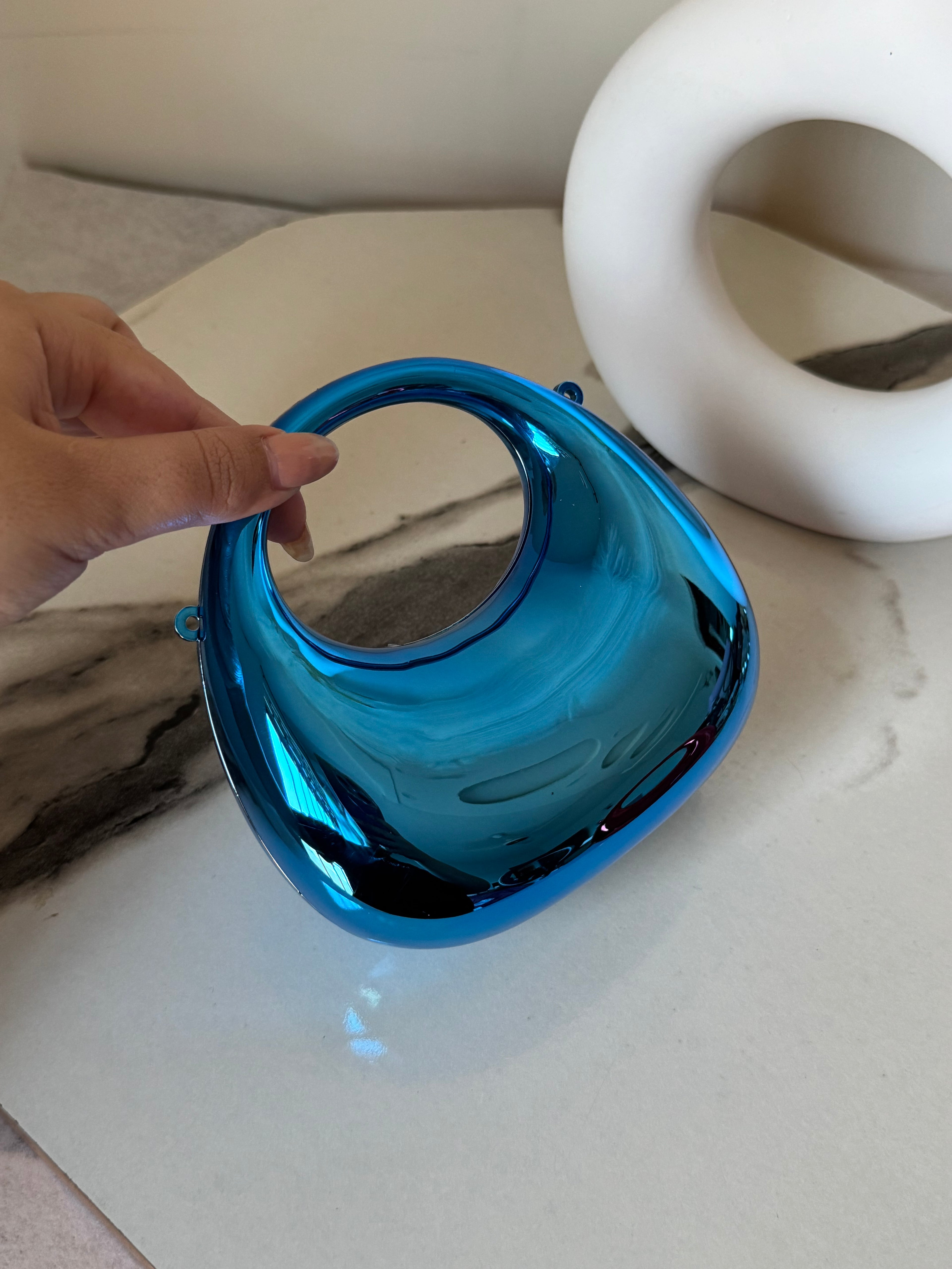 Viral Metallic Clutch with Chain - Mini Blue