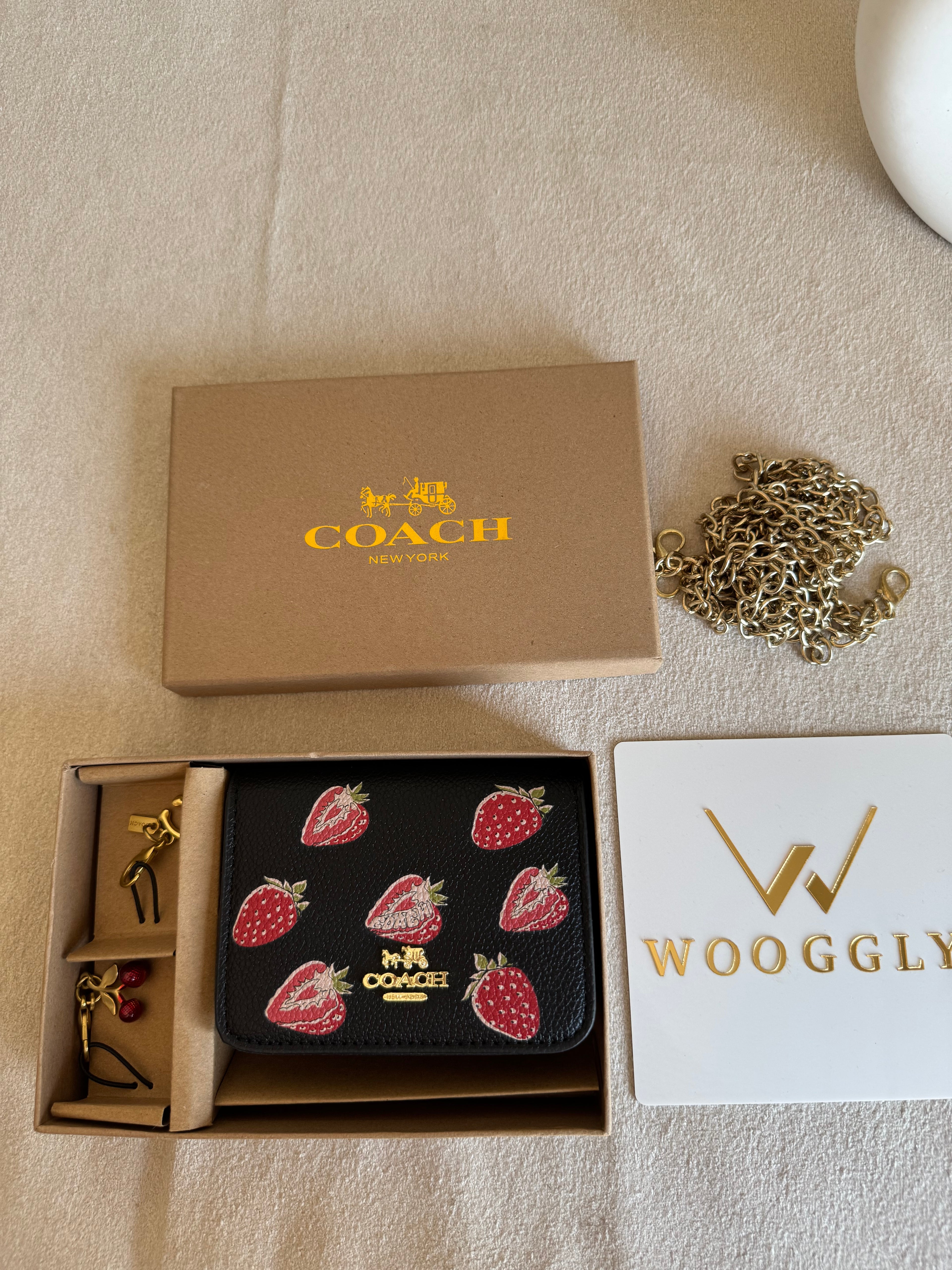 Coach Wallet with 2 Charms Gift Set - Black with Strawberries