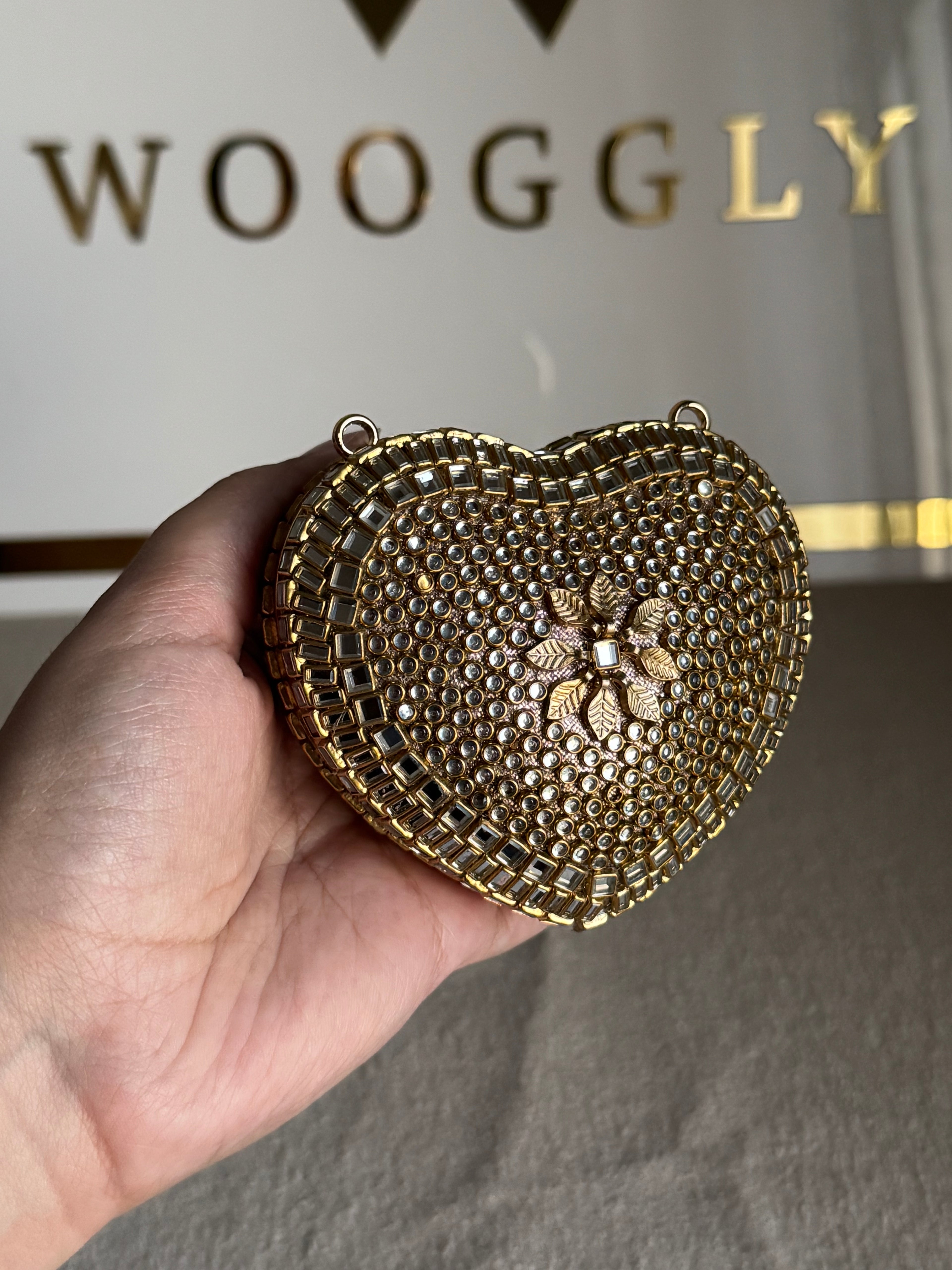 Special Edition Kundan Heart Clutch - Gold with Chain