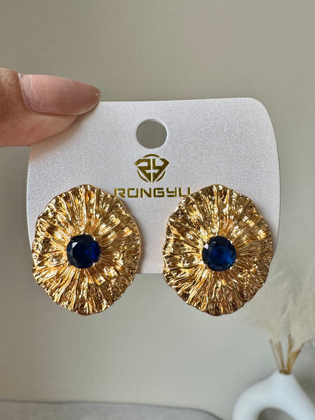 Deep Blue Bloom Earrings - 18K Gold Plated