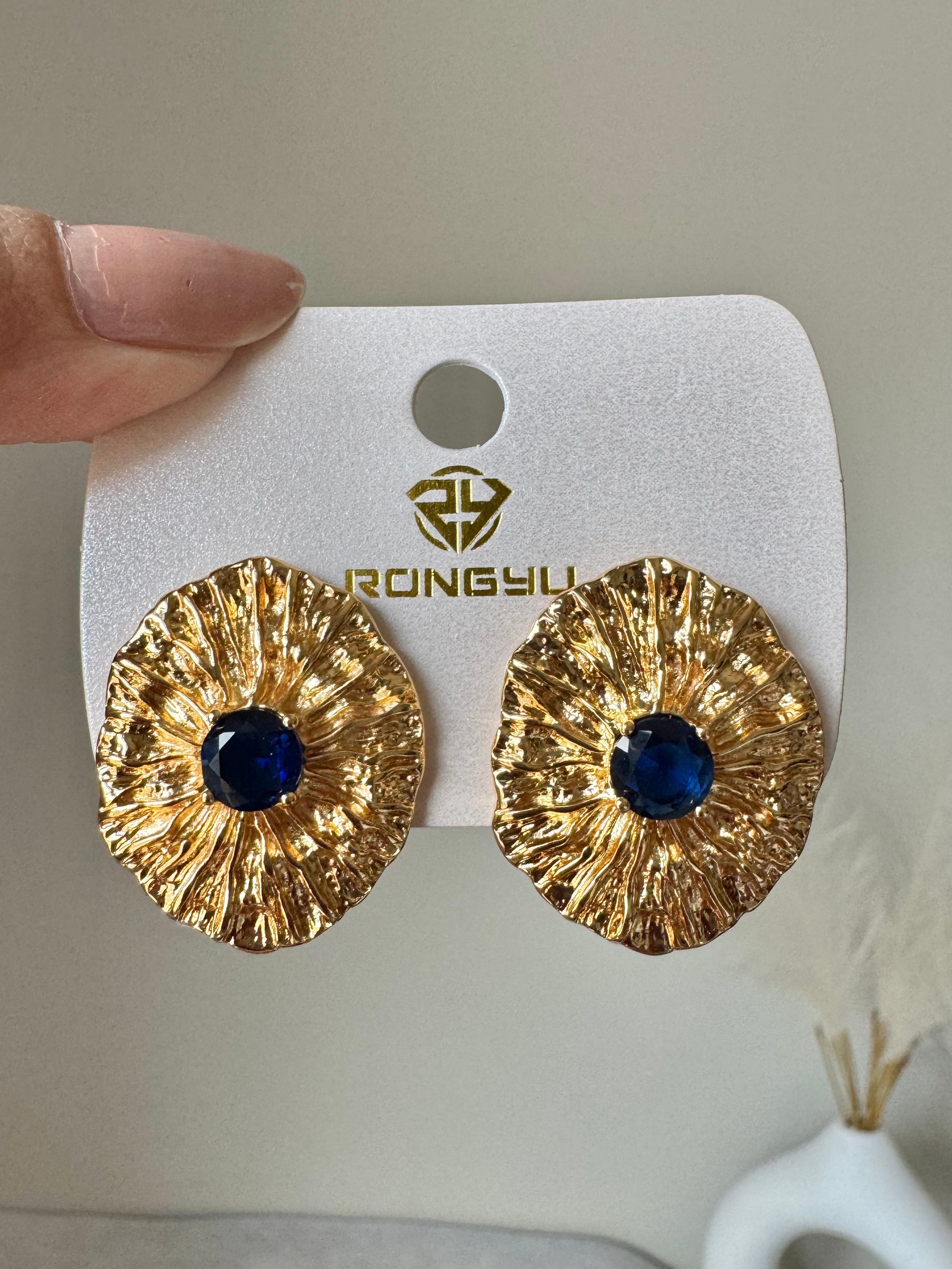 Deep Blue Bloom Earrings - 18K Gold Plated
