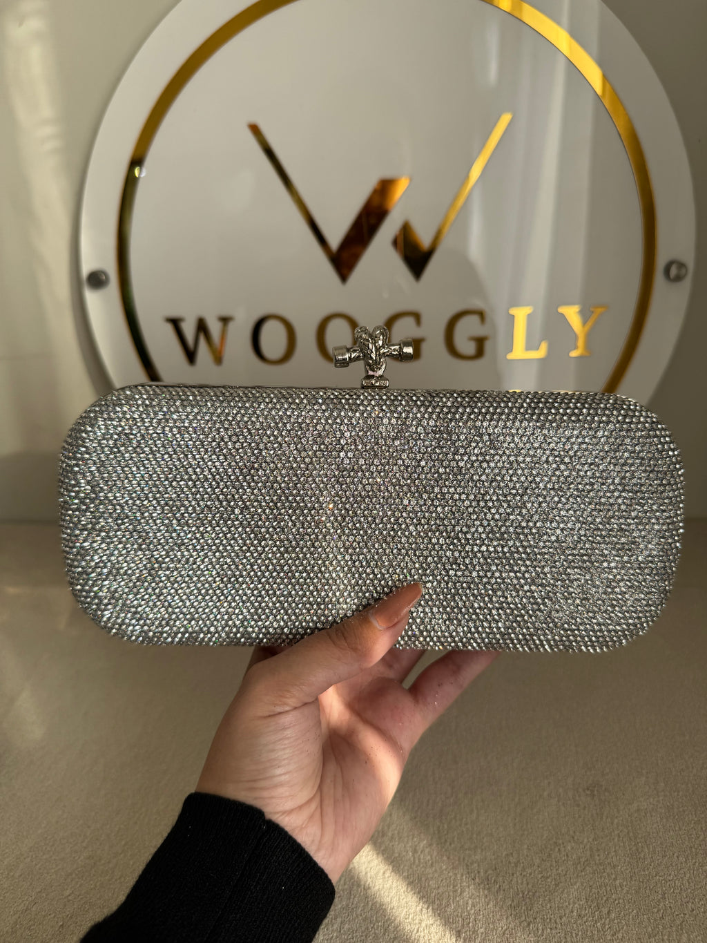 Bottega Shimmer Clutch - Silver with Chain
