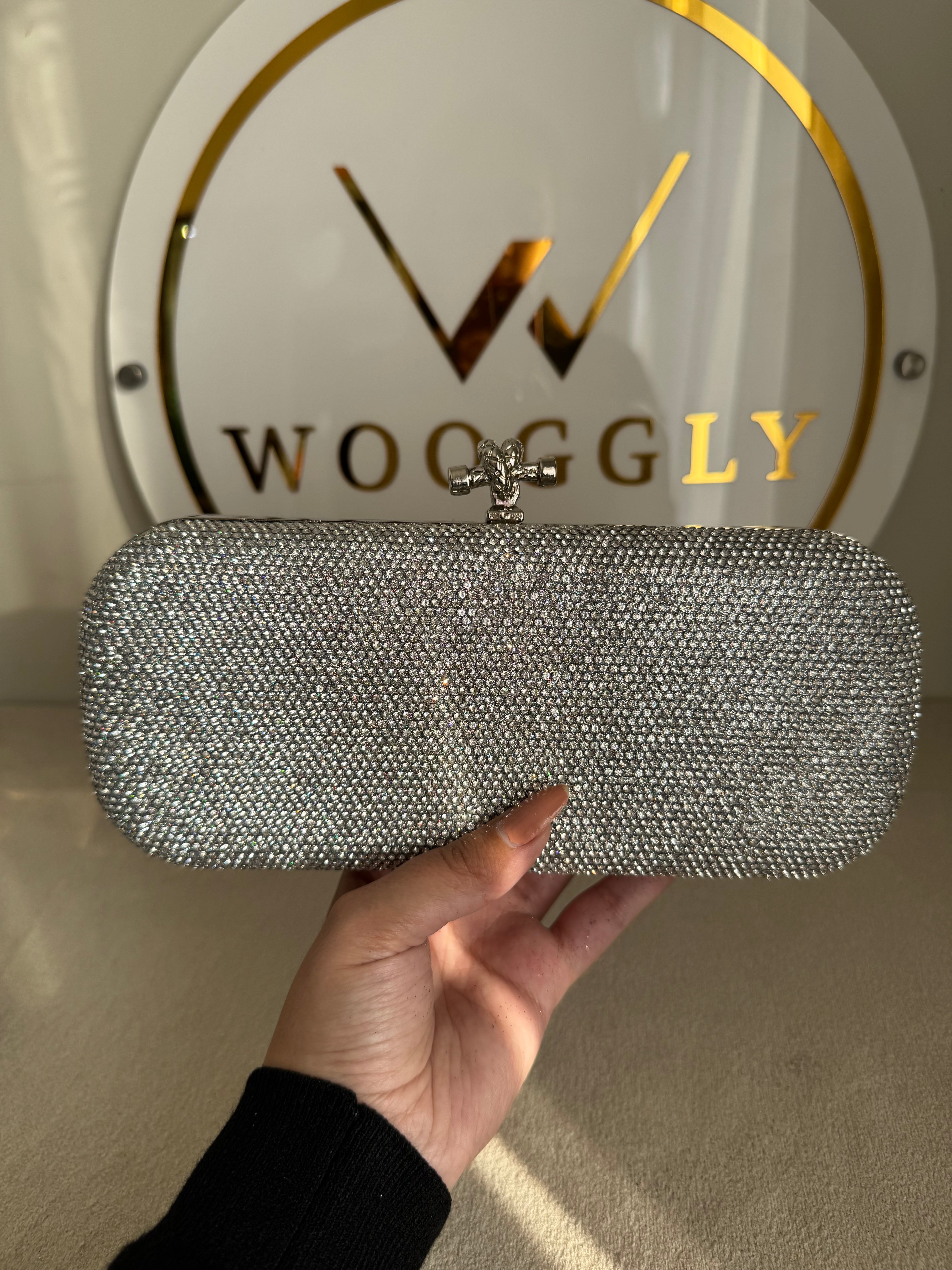 Bottega Shimmer Clutch - Silver with Chain