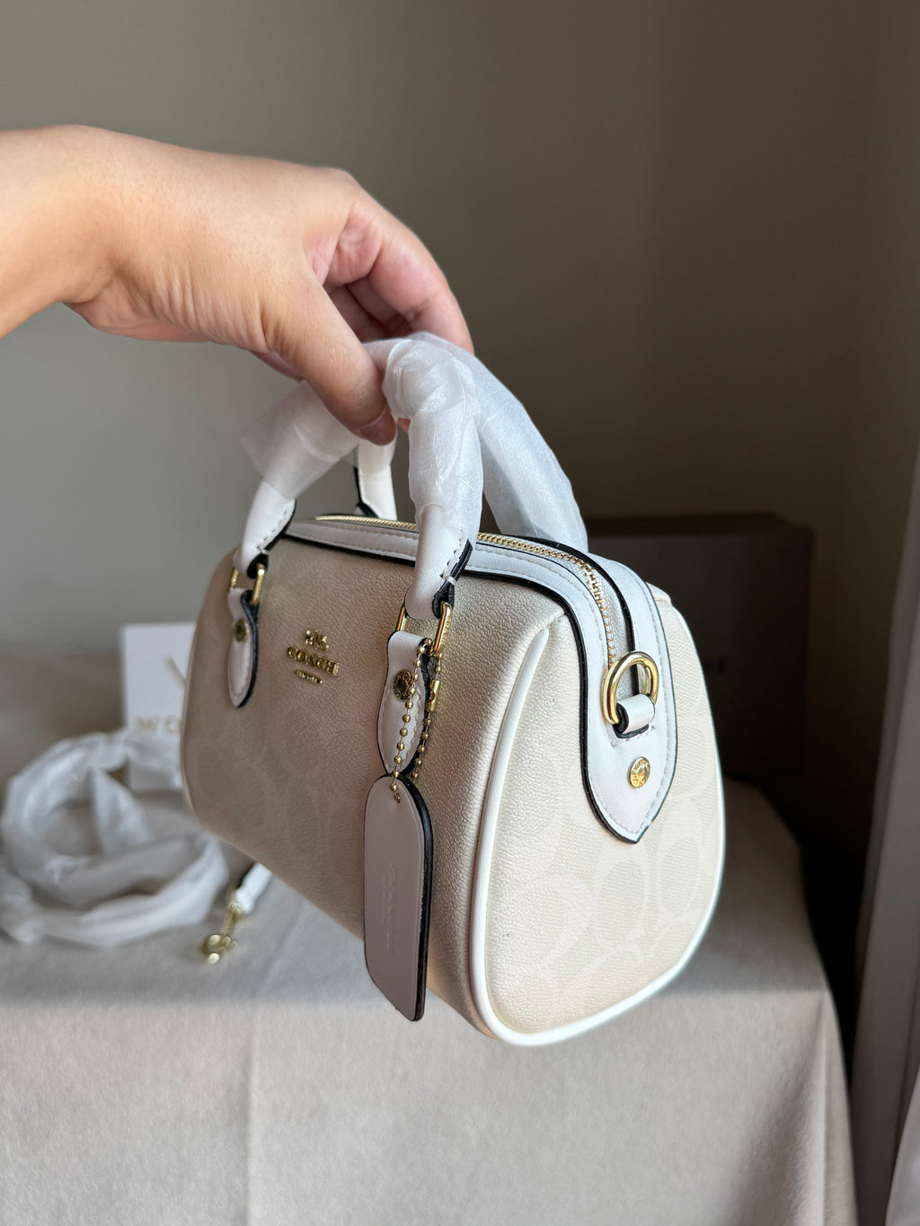COACH Mini Duffle Bag PREMIUM with Long Strap Signature White - BOX PACKING