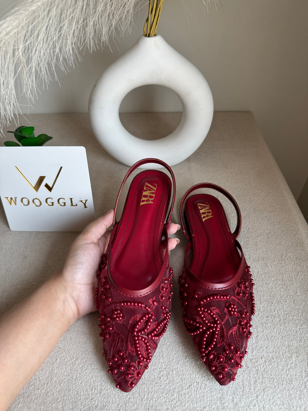 Zara Embroidered Mesh Slingback Flats  - Maroon