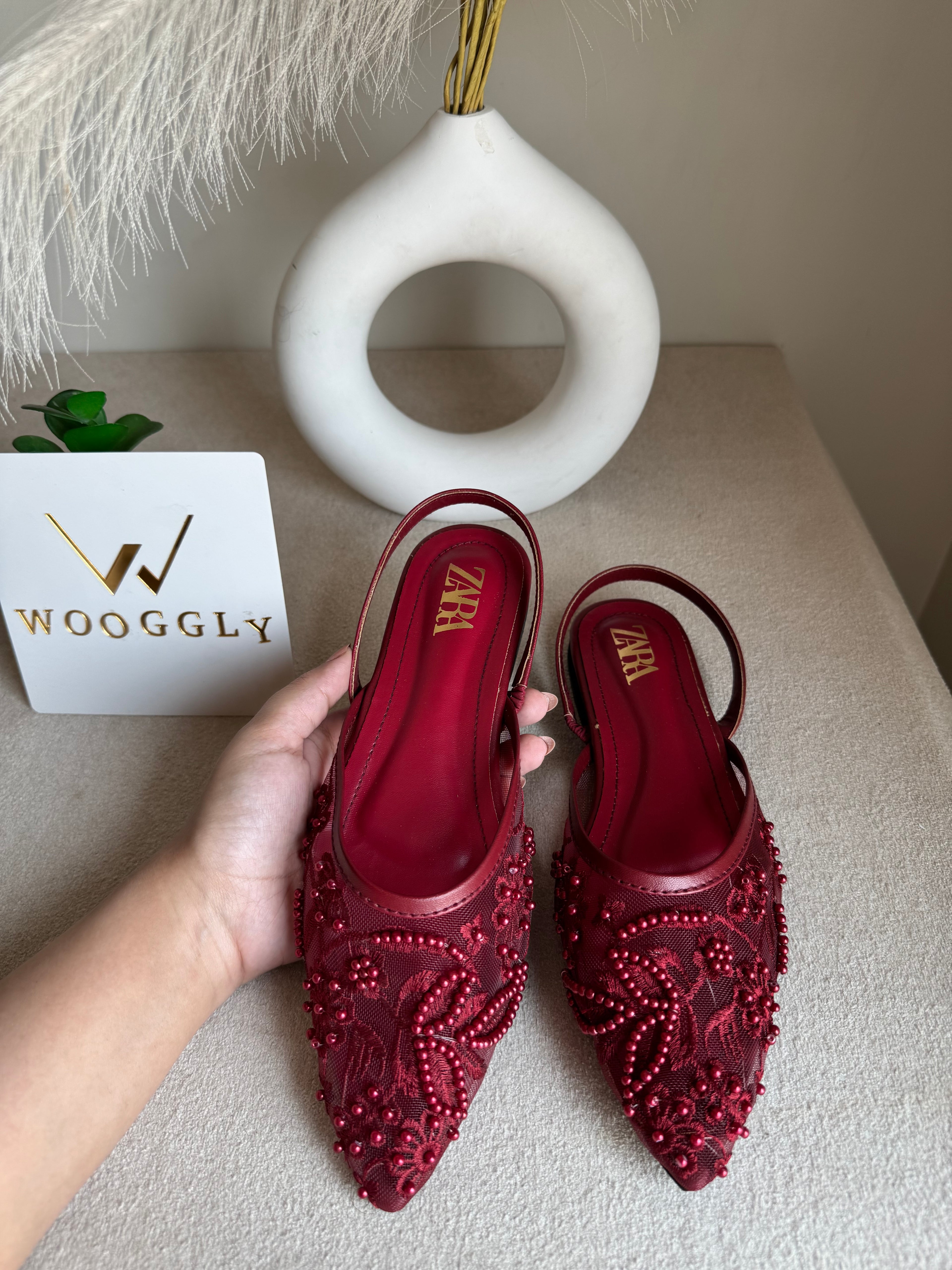 Zara Embroidered Mesh Slingback Flats  - Maroon