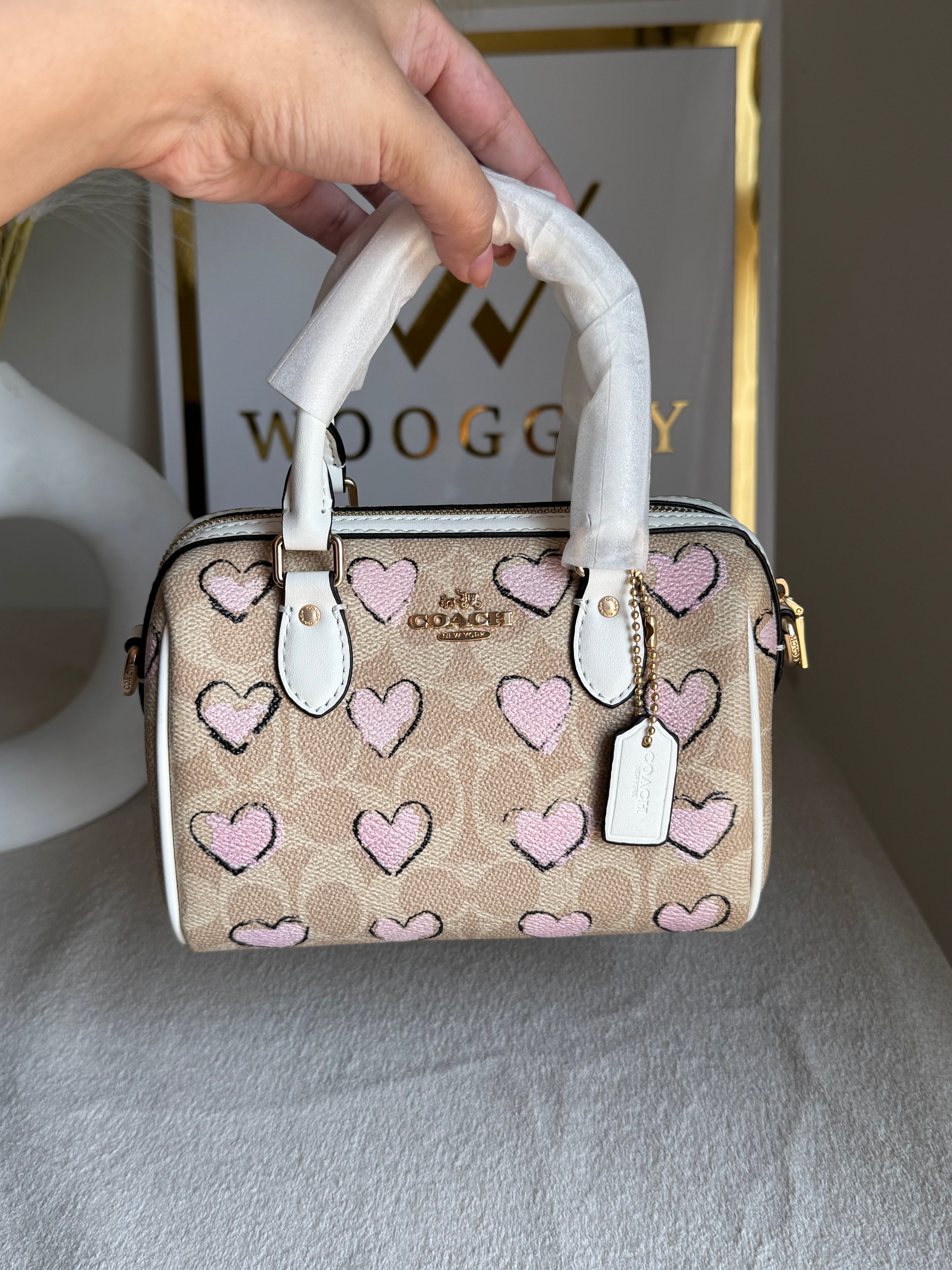 COACH Mini Duffle Bag PREMIUM with Long Strap (Baby Pink Hearts) - BOX PACKING