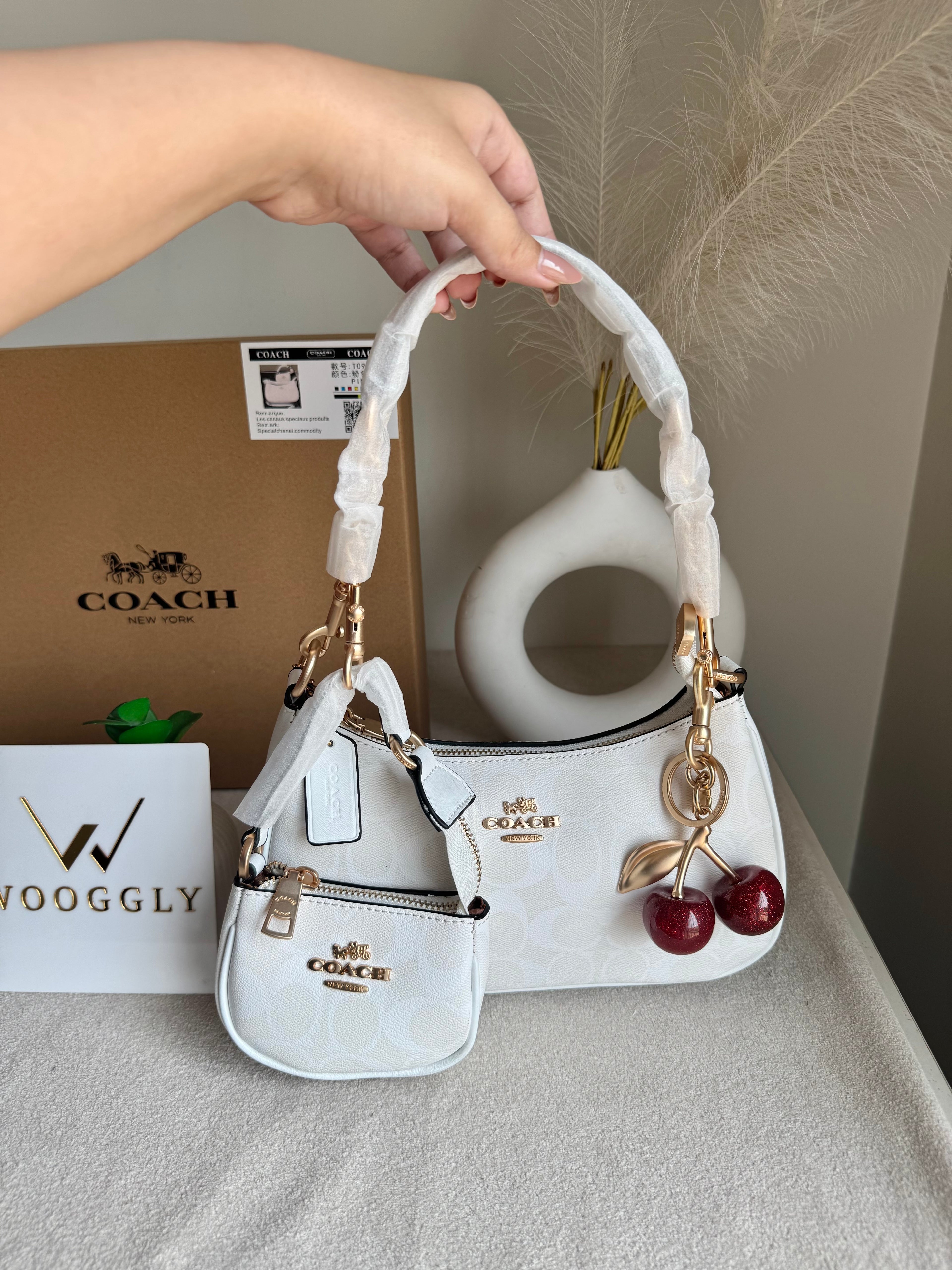 COACH Teri Gift Box with Baby Teri Charm & Coach Cherry Charm - Signature White