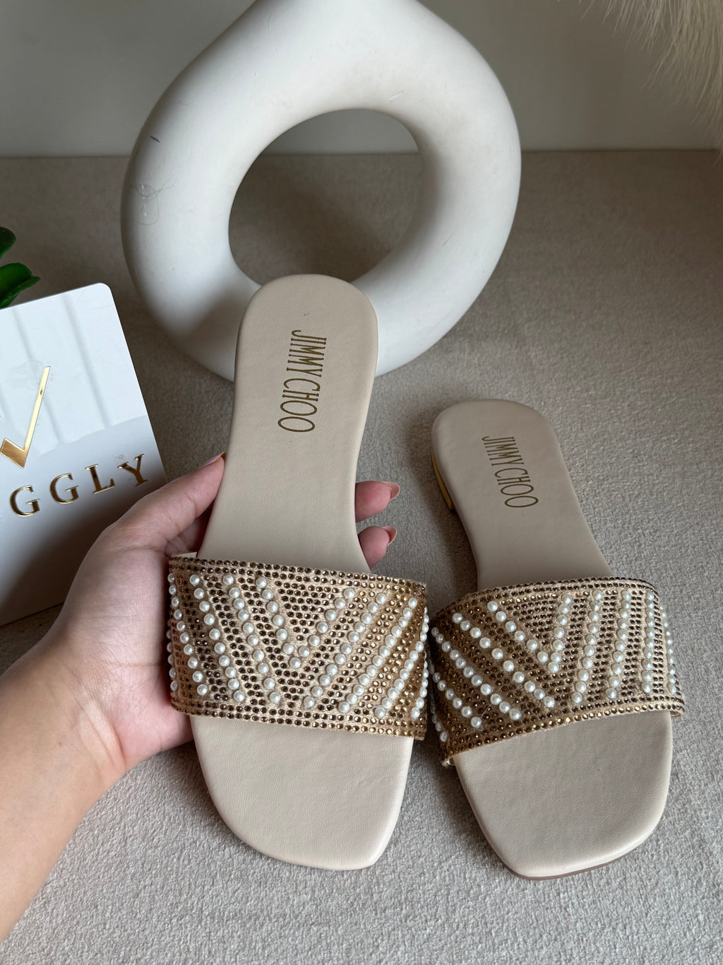 Jimmy Choo Glam Slides Beige with Pearl