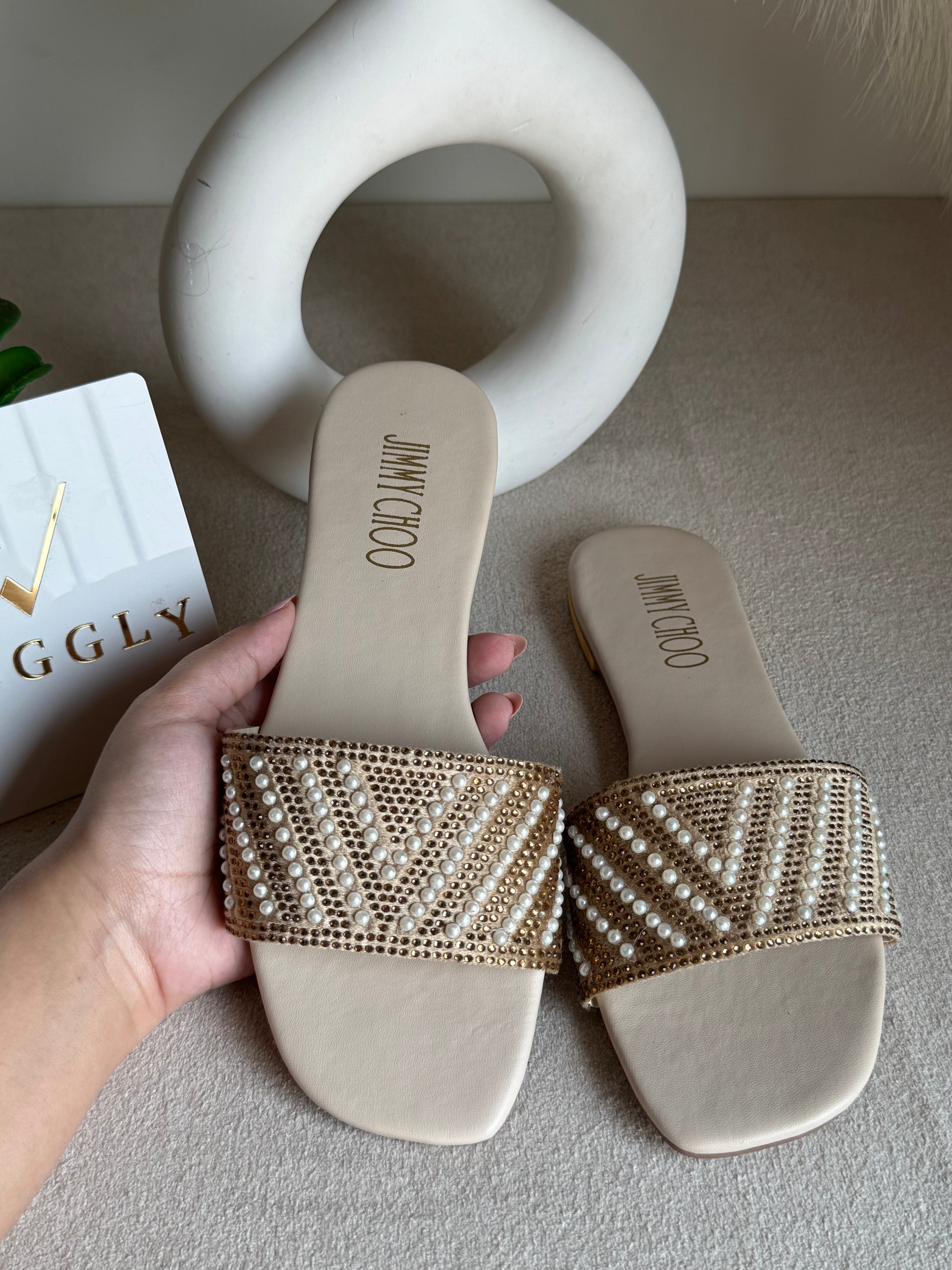 Jimmy Choo Glam Slides Beige with Pearl
