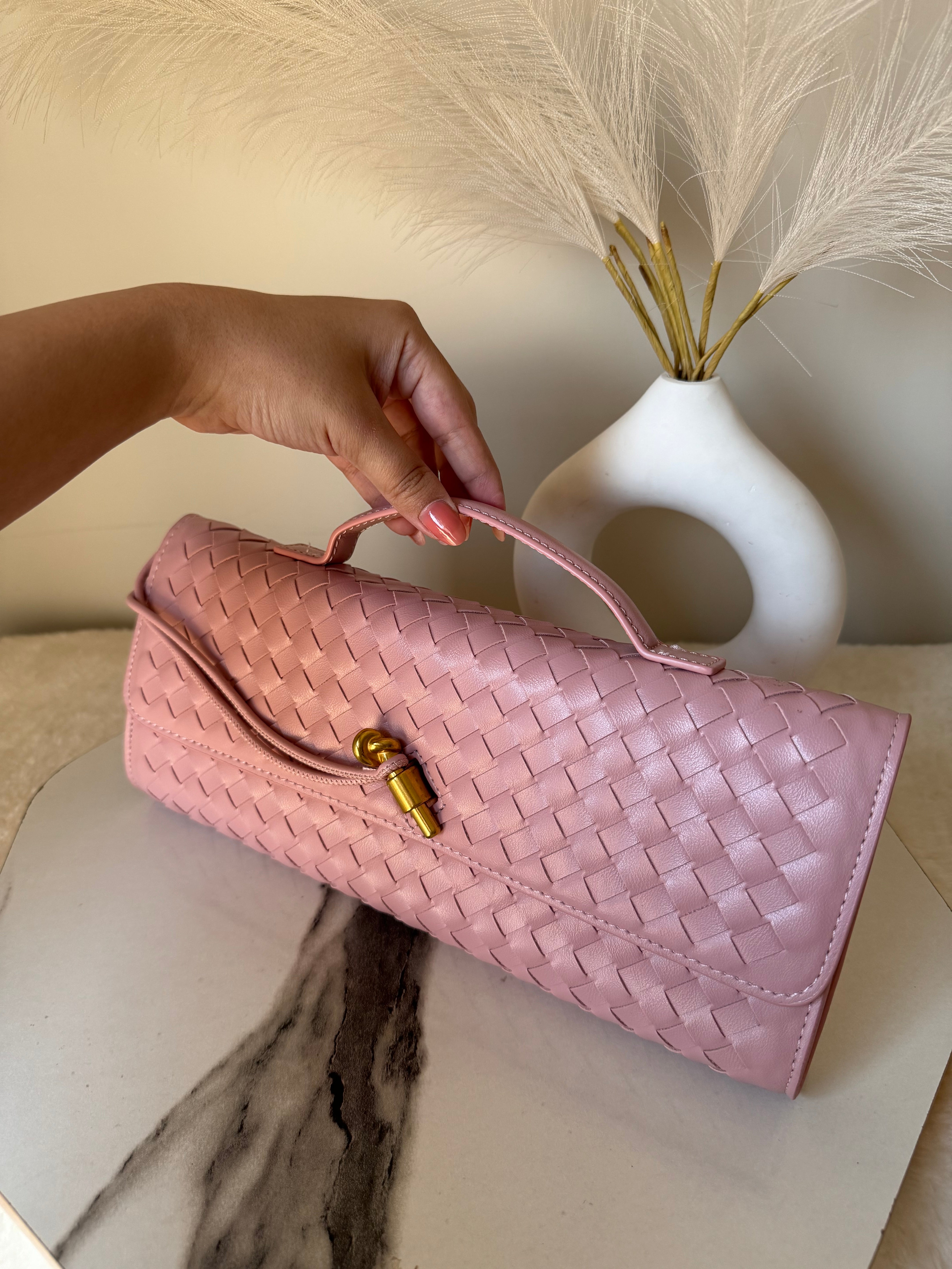 Bottega Veneta Inspired Clutch (Pink) with Long Strap