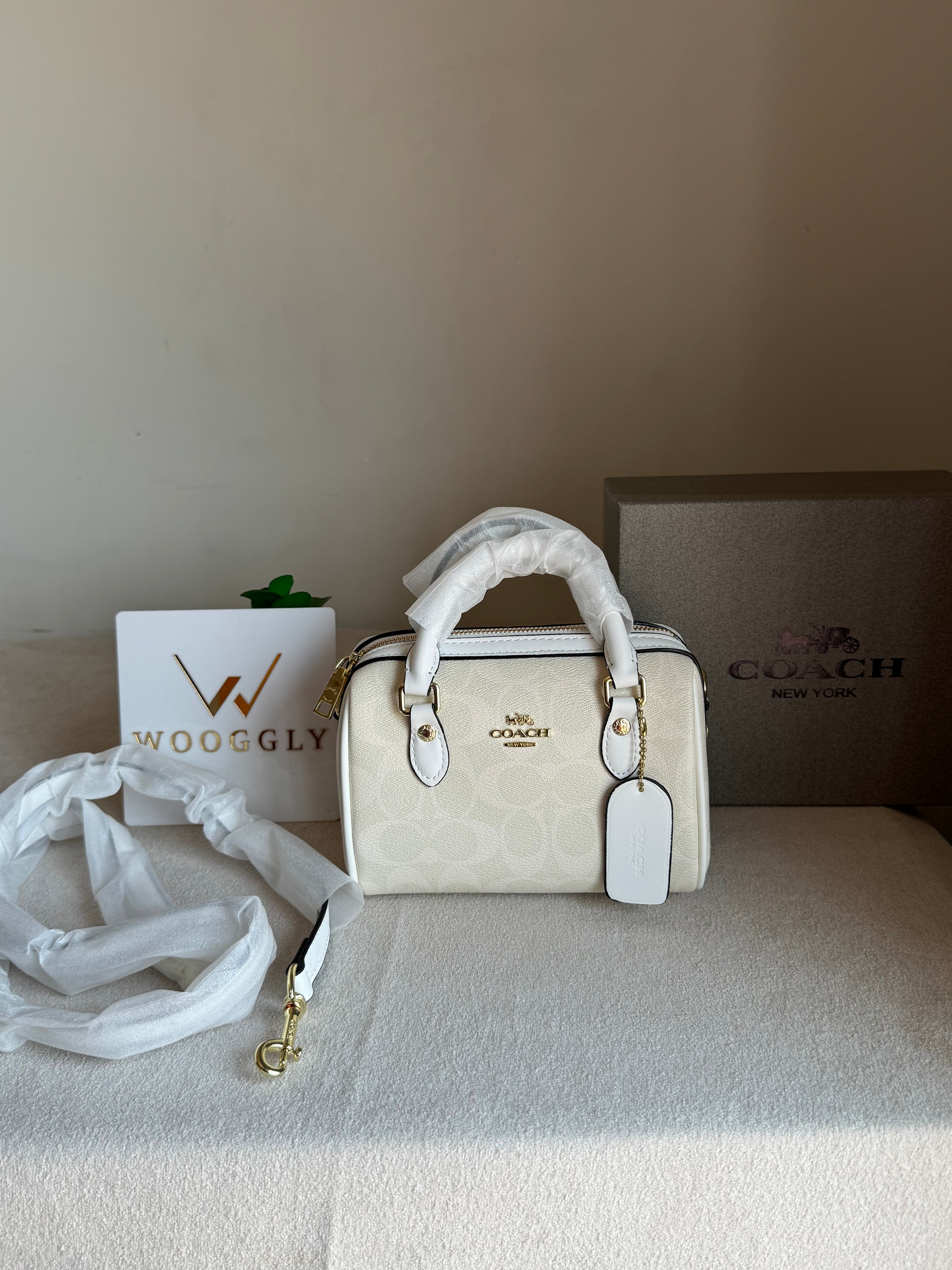 COACH Mini Duffle Bag PREMIUM with Long Strap Signature White - BOX PACKING